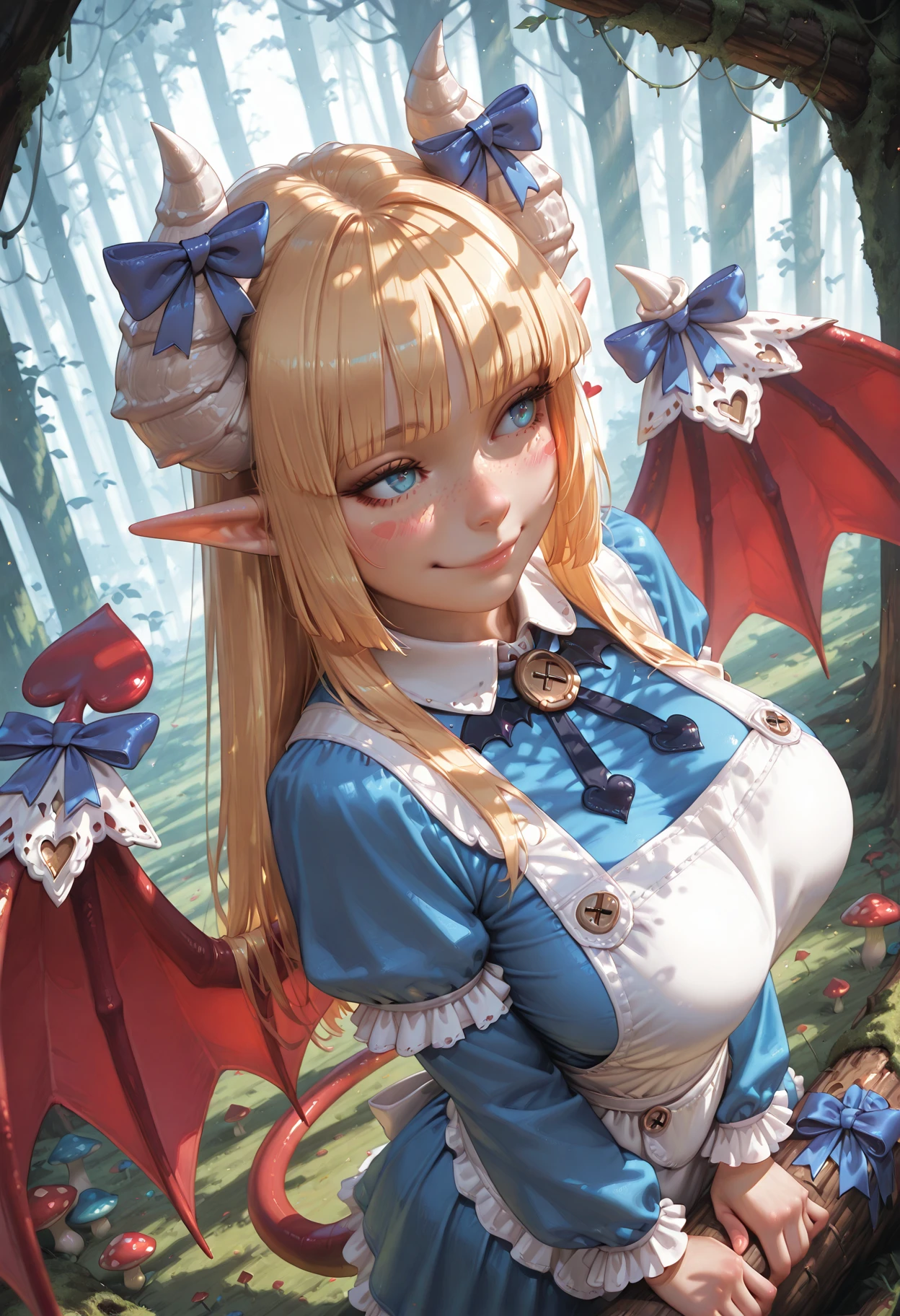 masterpiece, high quality, best quality, highres, 8k, 1girl, solo, alicemge, pointy ears, blonde hair, white horns, horn bow, tail bow, demon tail, sharp tail, red tail, wing bow, frills, tail, blue eyes, long hair, smile, demon tail, tail ornament, bangs, demon wings, blush, demon girl, blue dress, looking away, black shoes, ribbon, bow, tail ribbon, apron, demon horns, detailed background, wonderland,  heart, spade (shape), hair bow, large breasts, bat bowtie, blunt bangs, sidelocks, :3, from above,
 freckles, evil smile, face focus, blush stickers, depth of field, trees, particles, mushrooms, rainbow, succubus,  close-up, enchanted, dynamic angle, dynamic pose, foreshortening, perspective, log, moss, upper body, zooming in, freckles,
realistic, cinematic, dramatic lighting, newest, absurdres, highres, very aesthetic, high resolution, ultra high definition, extremely high detail, perfect composition, realistic, detailed drawing, subsurface scattering, neorealist, 
<lora:Dramatic Lighting Slider:1.6>, <lora:StS-Illustrious-Detail-Slider-v1.0:3> <lora:ponyv4_noob1_2_adamW:0.5> <lora:NeoRealist-000004:0.8>,  <lora:Alice-000007:1>