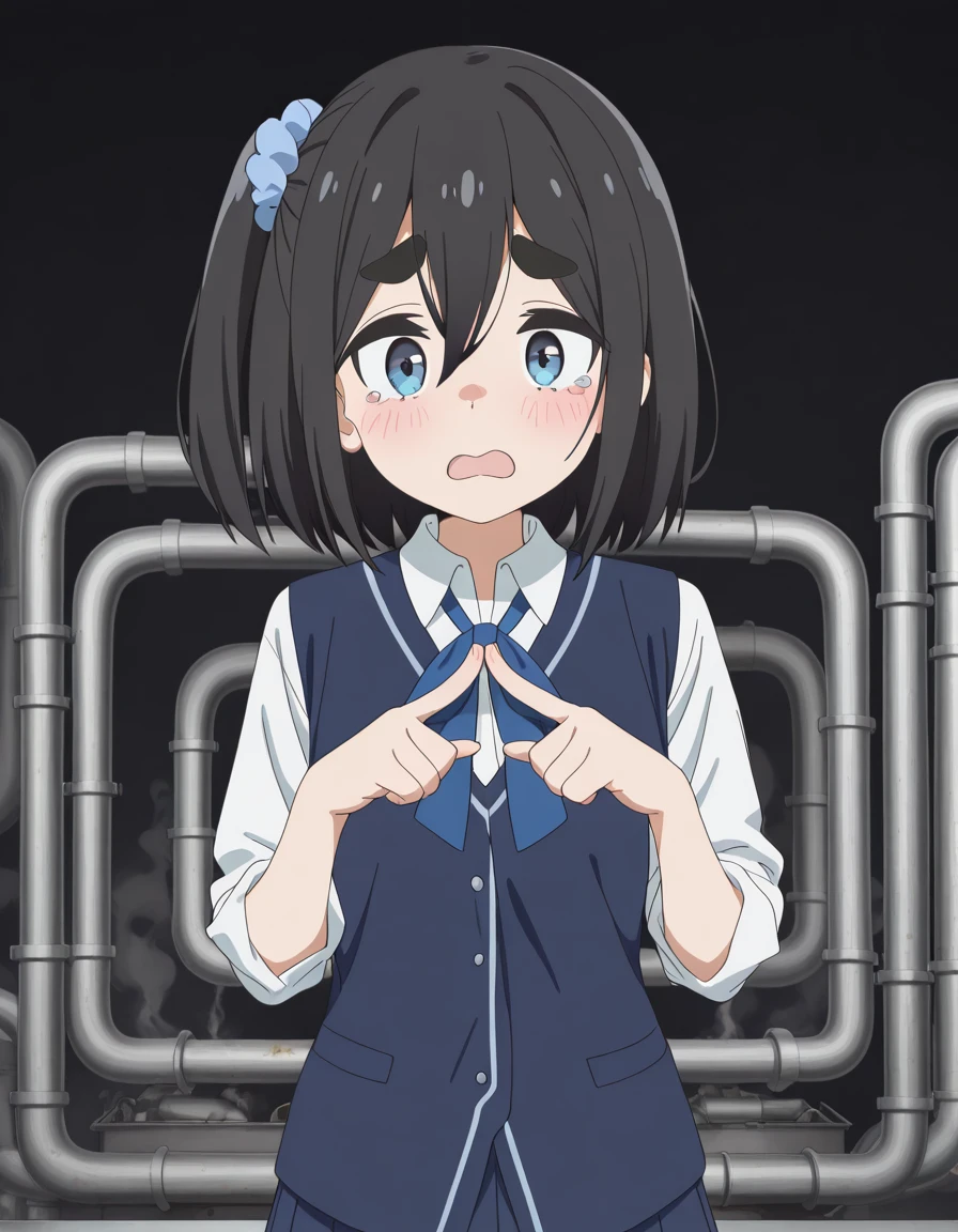 masterpiece, best quality, amazing quality,, <lora:satsuki-amamiya-s1-illustriousxl-lora-nochekaiser:1>, satsuki amamiya, short hair, blue eyes, black hair, hair ornament, one side up, thick eyebrows, scrunchie, hair scrunchie, blue scrunchie, anime screencap, shirt, ribbon, white shirt, collared shirt, vest, blue skirt, pleated skirt, blue vest, white shirt, collared shirt, <lora:fidgeting-index-fingers-together-illustriousxl-lora-nochekaiser:1>, fidgeting index fingers together, index fingers together, open mouth, looking at viewer, fidgeting, blush, tearing up, upper body, refinery, pipes, smoke, metal, oil, cowboy shot, solo, looking at viewer,
