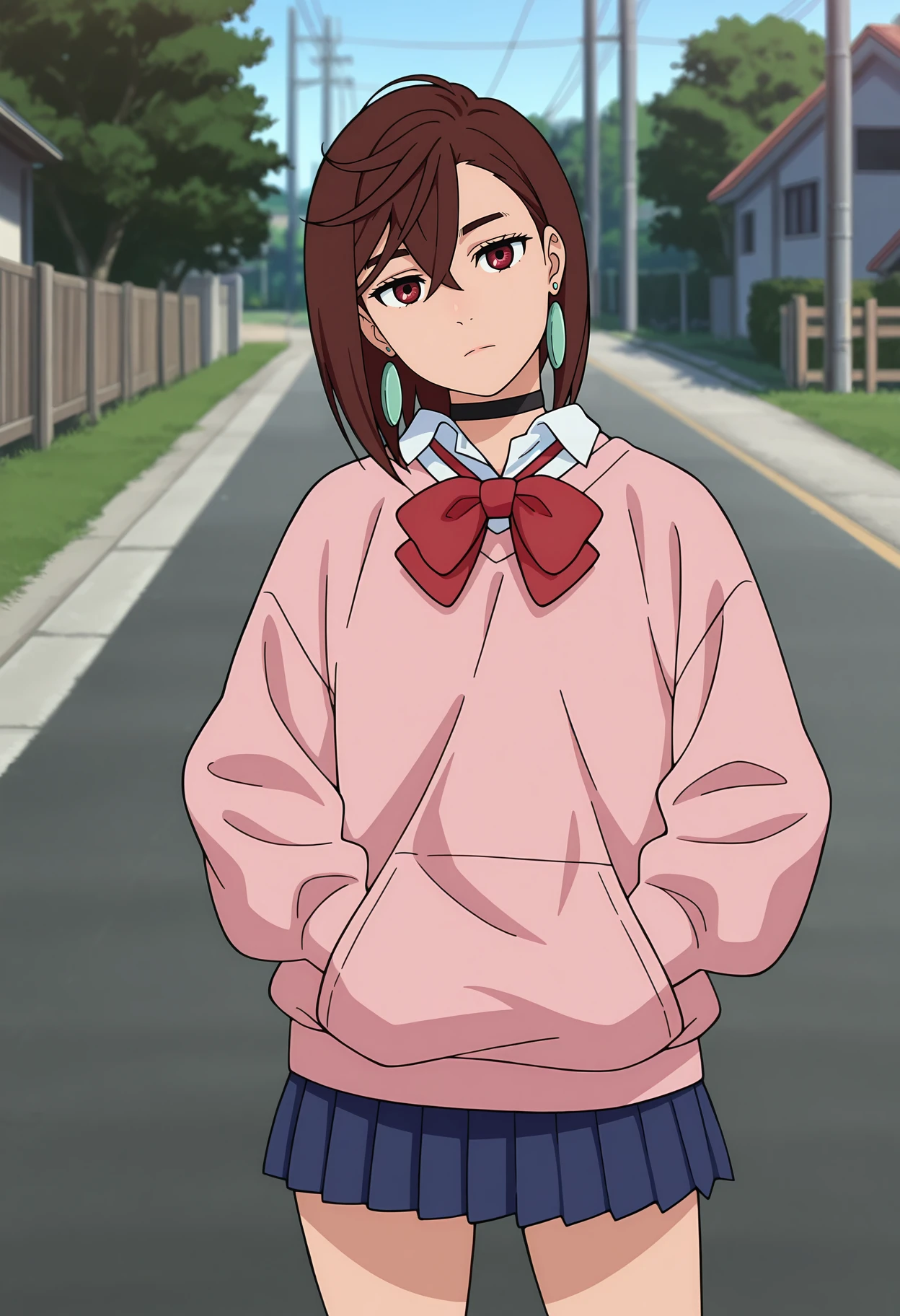 anime screencap, masterpiece, best quality,
<lora:Dandadan_AyaseMomo_IlluXL:0.9>,
1girl, solo, closed mouth, expressionless, head tilt,
asymmetrical bangs, hair between eyes, medium hair, brown hair, red eyes, earrings,
MomoSchool, black choker, pink sweater, red bowtie, collared shirt, white shirt, pleated skirt, miniskirt, blue skirt,
hands in pockets, looking at viewer, cowboy shot,
outdoors, grass, street, power lines, utility pole, house, road, tree, fence, day, photo background, blurry background