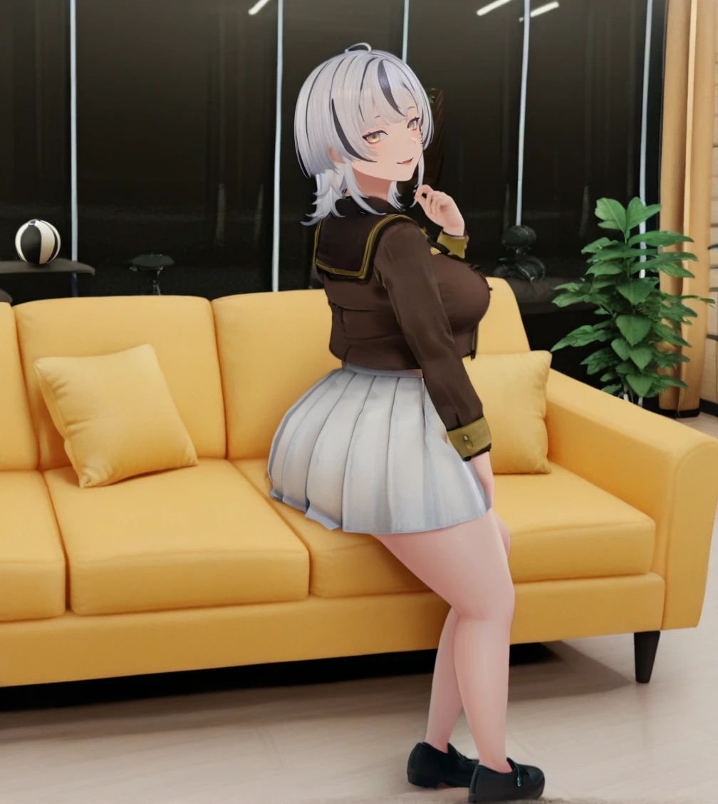 1girl, wild hips, huge breasts, breasts, eyebrows hidden by hair, fang, full body, hand up, holding, looking at viewer, parted lips, skindentation, solo, standing, looking back, on couch, pillow, plant, potted plant, sitting, smile, solo, white flower, bowling alley, lane, bowling ball,
ãã§ã¦ 試ç,short hair,
ahoge,parted bangs,
two tone hair,black hair,white hair,
long sidelocks,
gold eyes,
brown serafuku,sailor collar,yellow necktie,
white skirt,pleated skirt,
loafers,black shoes,
intricate details,detailed background,
<lora:noobaiXLNAIXL_epsilonPred11Version-lora:0.11> <lora:Curve slider IXL2_alpha16.0_rank32_full_last:2> <lora:anatomy_helper:1> <lora:ChamIllustriousBackgroundEnhancer:1> <lora:ãã§ã¦_試çvrchat:0.8>