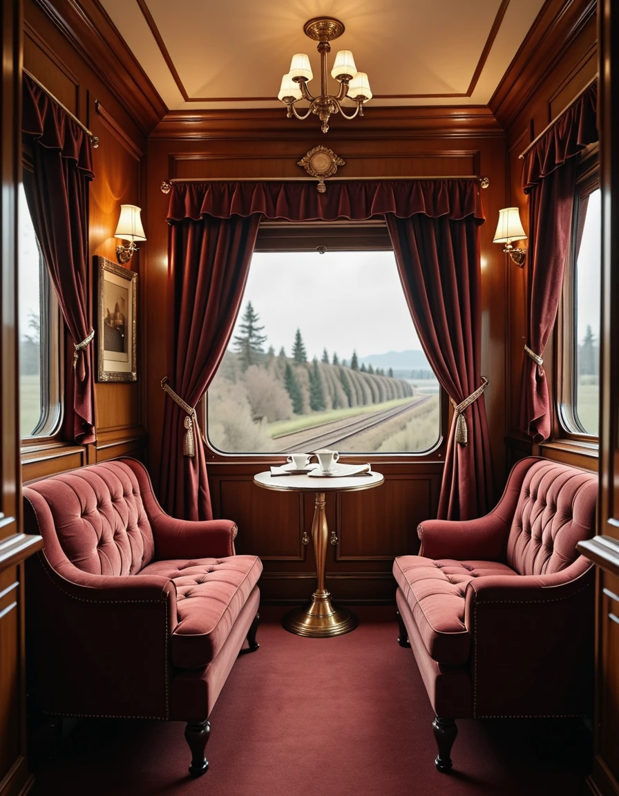 A luxurious private cabin inside the historic Orient Express train. The interior is adorned with rich mahogany wood paneling, deep burgundy velvet drapes, and ornate brass light fixtures that emit a warm, golden glow. A pair of plush upholstered seats face each other beside a small polished table, which holds a porcelain teacup and a folded newspaper. The large window frames a motion-blurred European landscape, giving a sense of movement and timeless travel. The atmosphere is elegant, quiet, and cinematicâevoking 1930s sophistication and vintage luxury. No luggage, no people, ultra-detailed, high resolution, soft ambient lighting, realistic textures, sharp focus, concept art style, interior shot only
,luxurious private c4b1n, <lora:luxurious_private_c4b1n-i:1>, Masterpiece,best quality,hi res,8k,hi res,8k,award winning,(sharp focus, intricate, highly detailed),