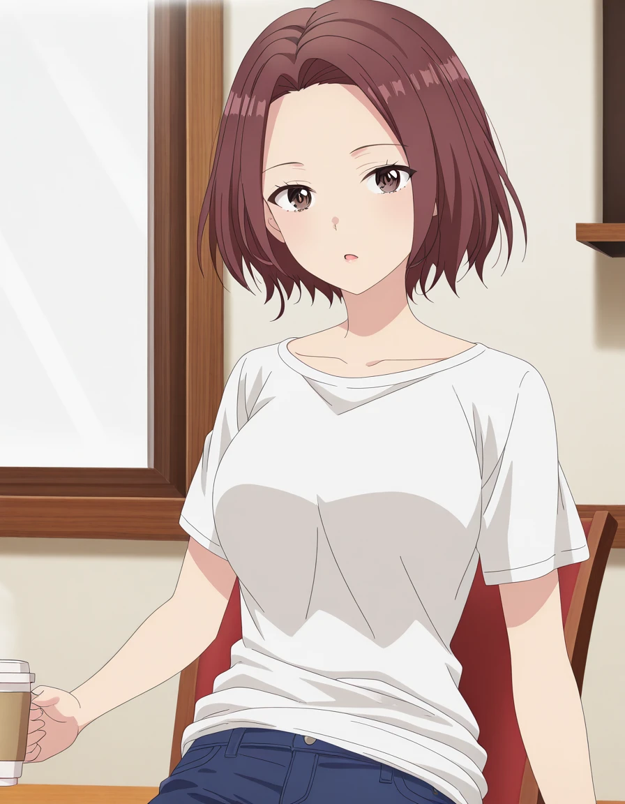 masterpiece, best quality, amazing quality,, <lora:sakura-natsume-s1-illustriousxl-lora-nochekaiser:1>, sakura natsume, short hair, brown hair, brown eyes, mature female, medium breasts, anime screencap, shirt, collarbone, white shirt, short sleeves, pants, t-shirt, jeans, blue pants, v,, cafe, coffee cup, barista, sitting down, talking, relaxing, sunlight through window, cowboy shot, solo, looking at viewer, <lora:transparent-background-illustriousxl-lora-nochekaiser:1>, transparent background, simple background, white background