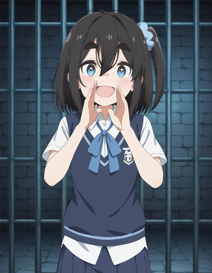 masterpiece, best quality, amazing quality,, <lora:satsuki-amamiya-s1-illustriousxl-lora-nochekaiser:1>, satsuki amamiya, short hair, blue eyes, black hair, hair ornament, one side up, thick eyebrows, scrunchie, hair scrunchie, blue scrunchie, anime screencap, shirt, ribbon, white shirt, collared shirt, vest, blue skirt, pleated skirt, blue vest, white shirt, collared shirt, <lora:shouting-hand-to-own-mouth-illustriousxl-lora-nochekaiser:1>, shouting hand to own mouth, shouting, hand to own mouth, looking at viewer, smile, open mouth, blush,, prison, bars, cells, guards, confined, cowboy shot, solo, looking at viewer,