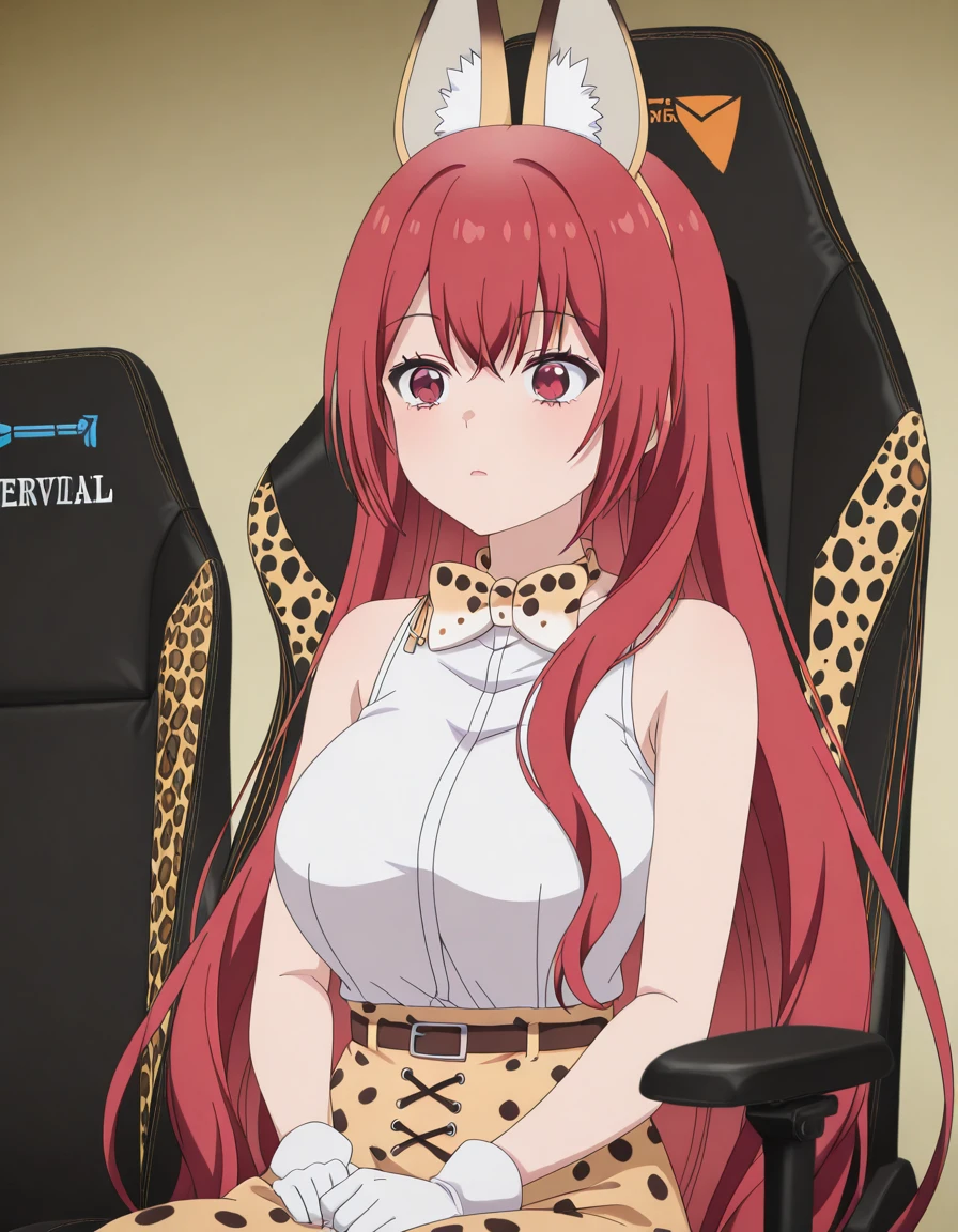 masterpiece, best quality, amazing quality,, <lora:kureha-enomoto-s1-illustriousxl-lora-nochekaiser:1>, kureha enomoto, long hair, very long hair, red eyes, red hair, mature female, breasts, anime screencap, <lora:serval-cosplay-illustriousxl-lora-nochekaiser:1>, serval cosplay, serval (kemono friends) (cosplay), serval print, print bowtie, print bow, two-tone bowtie, orange bowtie, two-tone bow, print skirt, white bowtie, orange bow, animal ears, belt, cat ears, fake animal ears, gloves, leopard print, yellow skirt, white shirt, sleeveless, sleeveless shirt,, <lora:secretlab-chair-illustriousxl-lora-nochekaiser:1>, secretlab chair, chair, office chair, gaming chair, sitting, cowboy shot, ,