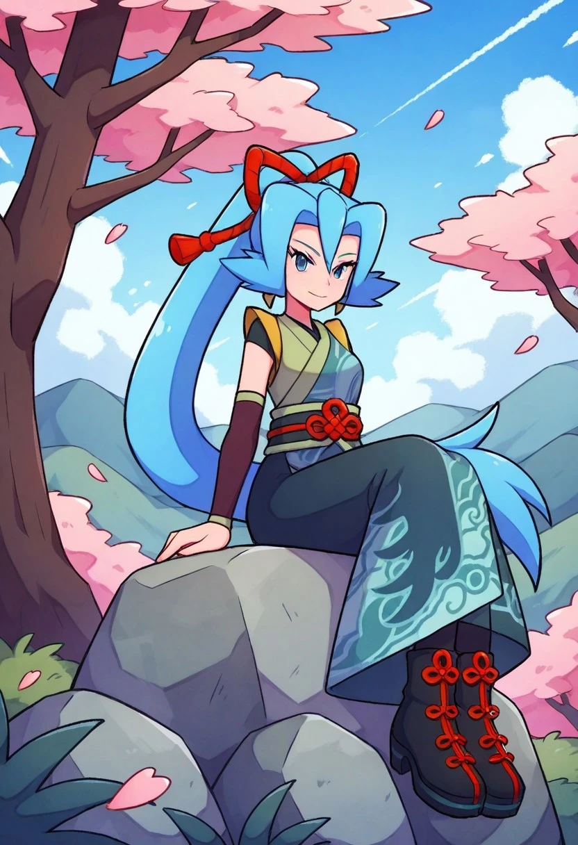 1girl, solo, sitting, on_rock, full_body, close-uup, 
cherry blossoms, mountain, sunshine, clear sky, colorful, woods, landscape, nyclair, blue_eyes, blue_hair, ponytail. hair_ribbon, japanese_clothes, hakama, very_long_dress, deatached_sleeves, boots, black_footwear