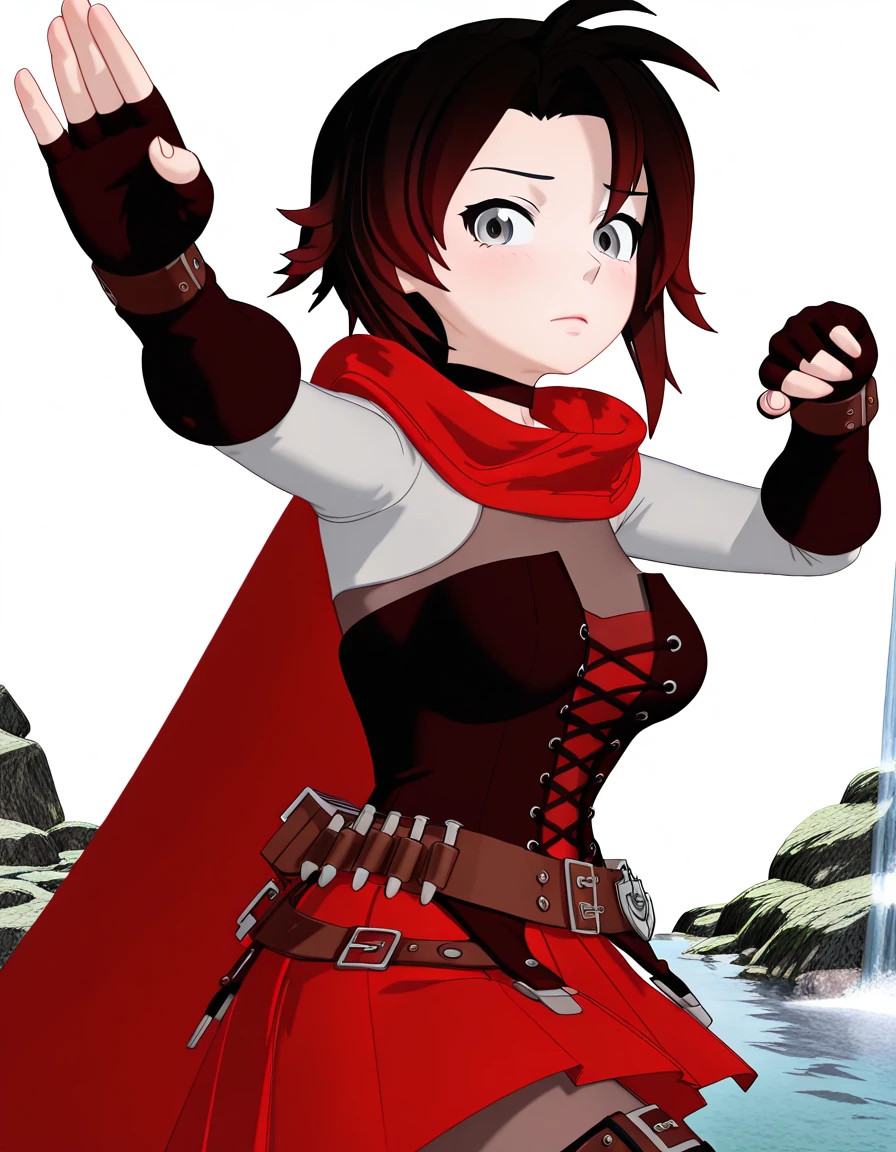 masterpiece, best quality, amazing quality,, <lora:ruby-rose-vol7-illustriousxl-lora-nochekaiser:1>, ruby rose, short hair, black hair, multicolored hair, red hair, grey eyes, black eyes, gradient hair, mature female, medium breasts, 3d, skirt, gloves, thighhighs, pantyhose, black gloves, choker, belt, fingerless gloves, cape, red skirt, corset, red cape, bandolier,, <lora:crane-stance-illustriousxl-lora-nochekaiser:1>, crane stance, fighting stance, closed mouth, leg up, standing, standing on one leg, looking to the side, hands up, open mouth, blush, solo, waterfall, water, rocks, plunge, spray, cowboy shot, solo, looking at viewer, <lora:transparent-background-illustriousxl-lora-nochekaiser:1>, transparent background, simple background, white background