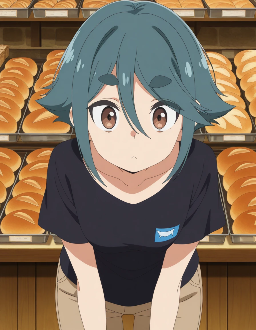 masterpiece, best quality, amazing quality,, <lora:kako-komada-s1-illustriousxl-lora-nochekaiser:1>, kako komada, short hair, hair between eyes, blue hair, green hair, brown eyes, thick eyebrows, anime screencap, shirt, collarbone, short sleeves, pants, black shirt, t-shirt, brown pants, leaning forward,, bakery, bread, pastries, sweets,, cowboy shot, solo, looking at viewer,