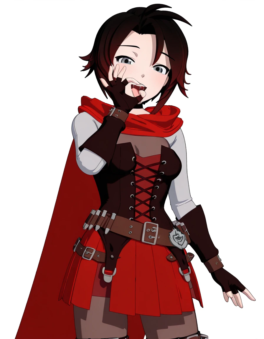 masterpiece, best quality, amazing quality,, <lora:ruby-rose-vol7-illustriousxl-lora-nochekaiser:1>, ruby rose, short hair, black hair, multicolored hair, red hair, grey eyes, black eyes, gradient hair, mature female, medium breasts, 3d, skirt, gloves, thighhighs, pantyhose, black gloves, choker, belt, fingerless gloves, cape, red skirt, corset, red cape, bandolier,, <lora:fellatio-gesture-illustriousxl-lora-nochekaiser:1>, fellatio gesture, sexually suggestive, oral invitation, handjob gesture, tongue out, tongue, naughty face, saliva, open mouth, looking at viewer, torogao, hand up, ok sign, beach, sand, waves, sun, ocean, cowboy shot, solo, looking at viewer, <lora:transparent-background-illustriousxl-lora-nochekaiser:1>, transparent background, simple background, white background