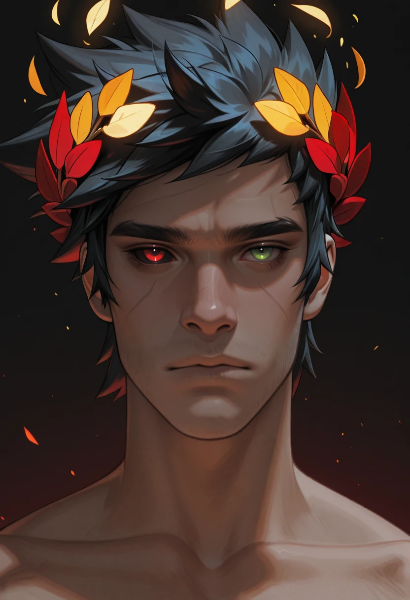 masterpiece, very aesthetic, best quality, absurdres, newest, solo,
<lora:ILHZagreus:1>
HZagreus, 1boy, male focus, short hair, black hair, black sclera, heterochromia, green eyes, red eyes, laurel crown, looking at viewer, portrait