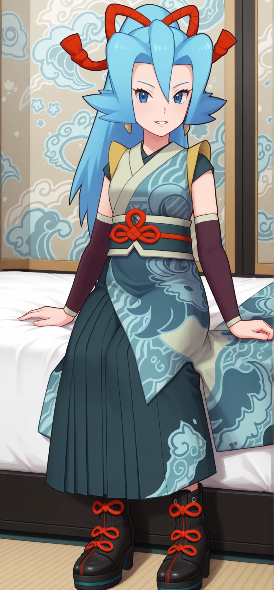 1girl, solo, sitting, on bed, fancy bedroom, parted lips, full body, 

(masterpiece:1.2), (best quality:1.2), (very aesthetic:1.2), (absurdres:1.2), (detailed background),newest, ,sharp focus, perfect light, dynamic light, natural light, (best quality), realistic, (heavy lines, black outline, sketch), ((intricate details)), ((extremely detailed, finely detailed, beautiful detailed shading)), (beautiful, beautiful amazing, ultra-detailed, 8K wallpaper, vibrant colors), [high saturation], beautiful scenery, best quality, 2020s, highres, Detailed art style,,nyclair, clair \(pokemon\), blue eyes, blue hair, ponytail, bangs, hair between eyes, earrings, hair ribbon, red ribbon, japanese clothes, hakama, detached sleeves, sash, hakama skirt, long skirt, boots, black footwear