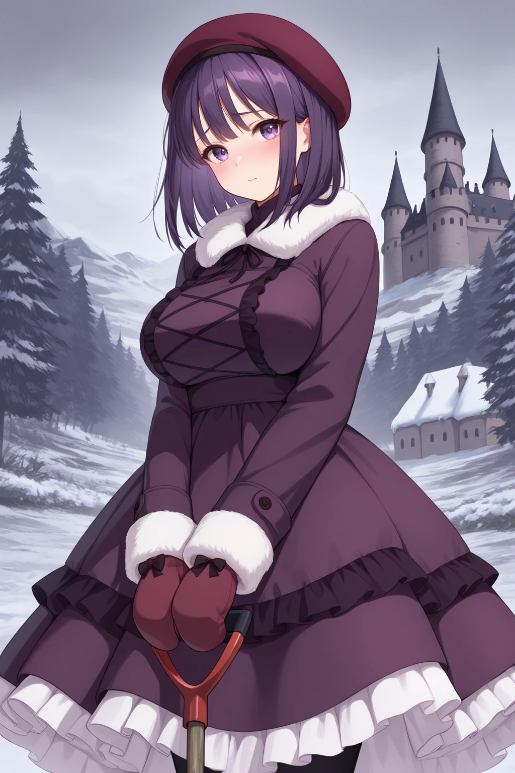 masterpiece, best quality, looking at viewer, shy, 1girl, kur0e, large breasts, purple hair, purple eyes, medium hair, winter clothes, victorian, beret, dress, fur trim, mittens, holding shovel, outdoors, castle, forest, overcast, winter, snow, town, <lora:Hoseki_MyDressUpDarling_ShizukuKuroe_IllustriousXL_v1:1>