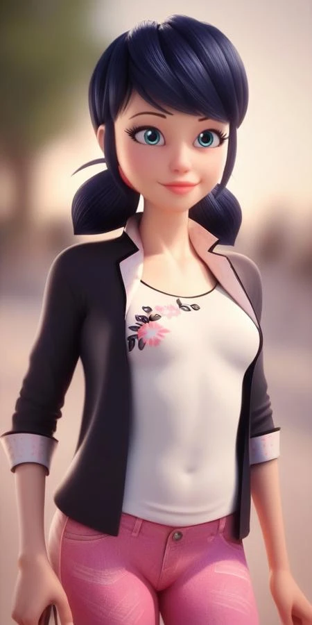 super detailed, unbuttoned jacket, white T-shirt, pink jeans, bright bluebell eyes, shoulder-length black hair with blue reflections tied back in pigtails, light pink lips, body like in real life, large pores, fair skin, slender, very little very flat breasts, unreal engine, octane render, droped shadow, bokeh, cinematic lighting, Marinette Dupen-Cheng