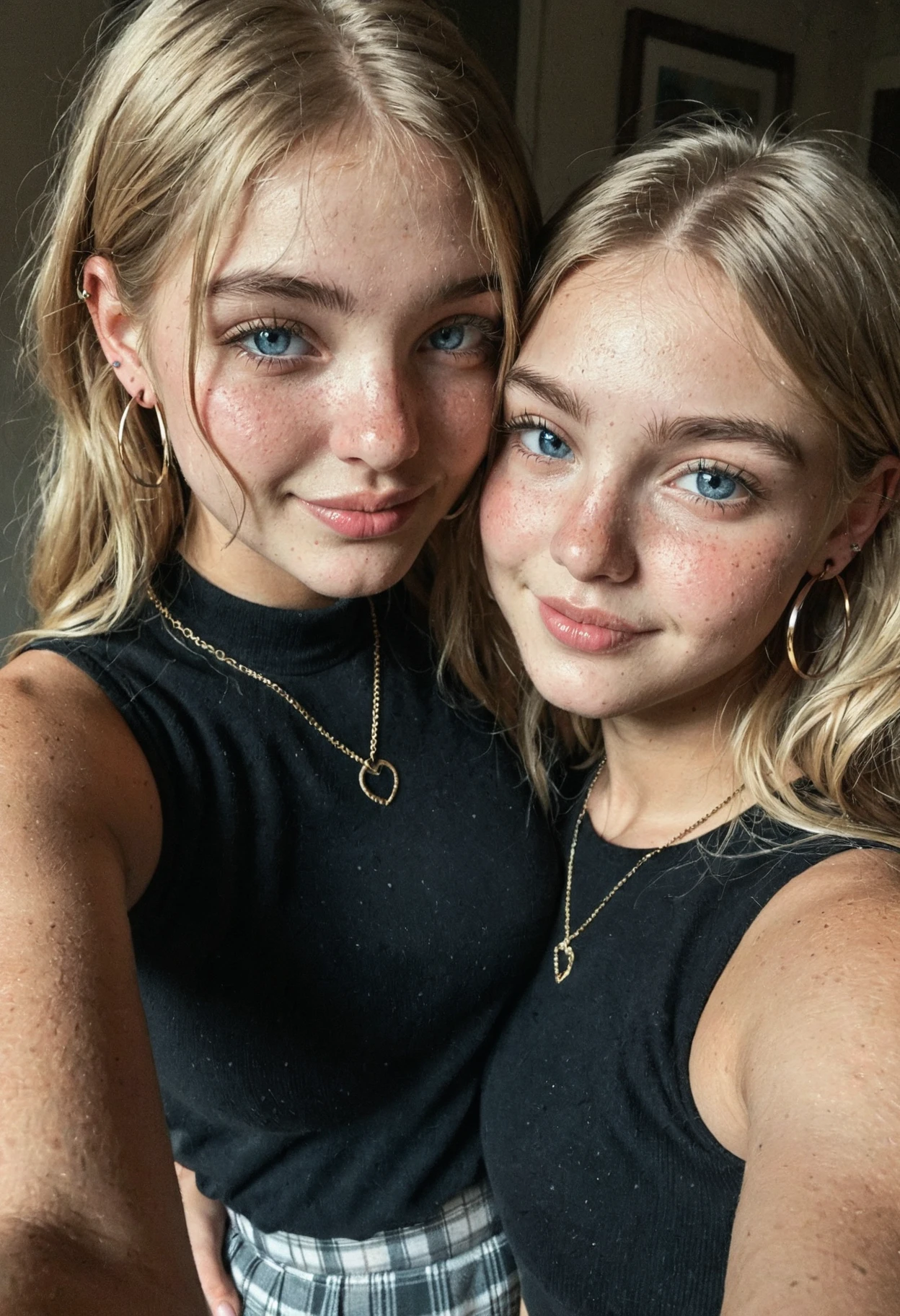 1girl, blonde hair, long hair, hair to one side, bangs, blue eyes, glossy lips, parted lips, soft expression, natural makeup, earrings, hoop earrings, subtle smirk, dimples, sleeveless shirt, black shirt, skirt, warm lighting, casual, selfie, looking at viewer, jewelry, necklace, soft skin, cheek blush, cute girl, aesthetic room, intimate setting, realistic, masterpiece, best quality, highres, 
<lora:puffy_tits_PONY_v1:2.46> 
<lora:amateur_style_v1_pony:0.5>  
<lora:Dramatic Lighting Slider:0>
<lora:ILXL_Realism_Slider_V.1:1.8>
<lora:RealSkin_xxXL_v1:1.2>
<lora:RawCam_250_v1:5>