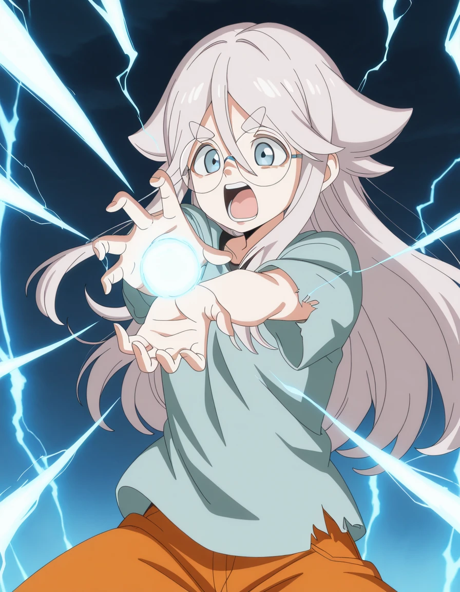 masterpiece, best quality, amazing quality,, <lora:haruno-akiyama-s1-illustriousxl-lora-nochekaiser:1>, haruno akiyama, long hair, blue eyes, hair between eyes, grey hair, sidelocks, glasses, thick eyebrows, round eyewear, mature female, small breasts, anime screencap, <lora:kamehameha-illustriousxl-lora-nochekaiser:1>, kamehameha, kamehameha (dragon ball), open mouth, outstrecthed arms, torn clothes, shouting, energy, energy beam, energy ball, electricity,, ,