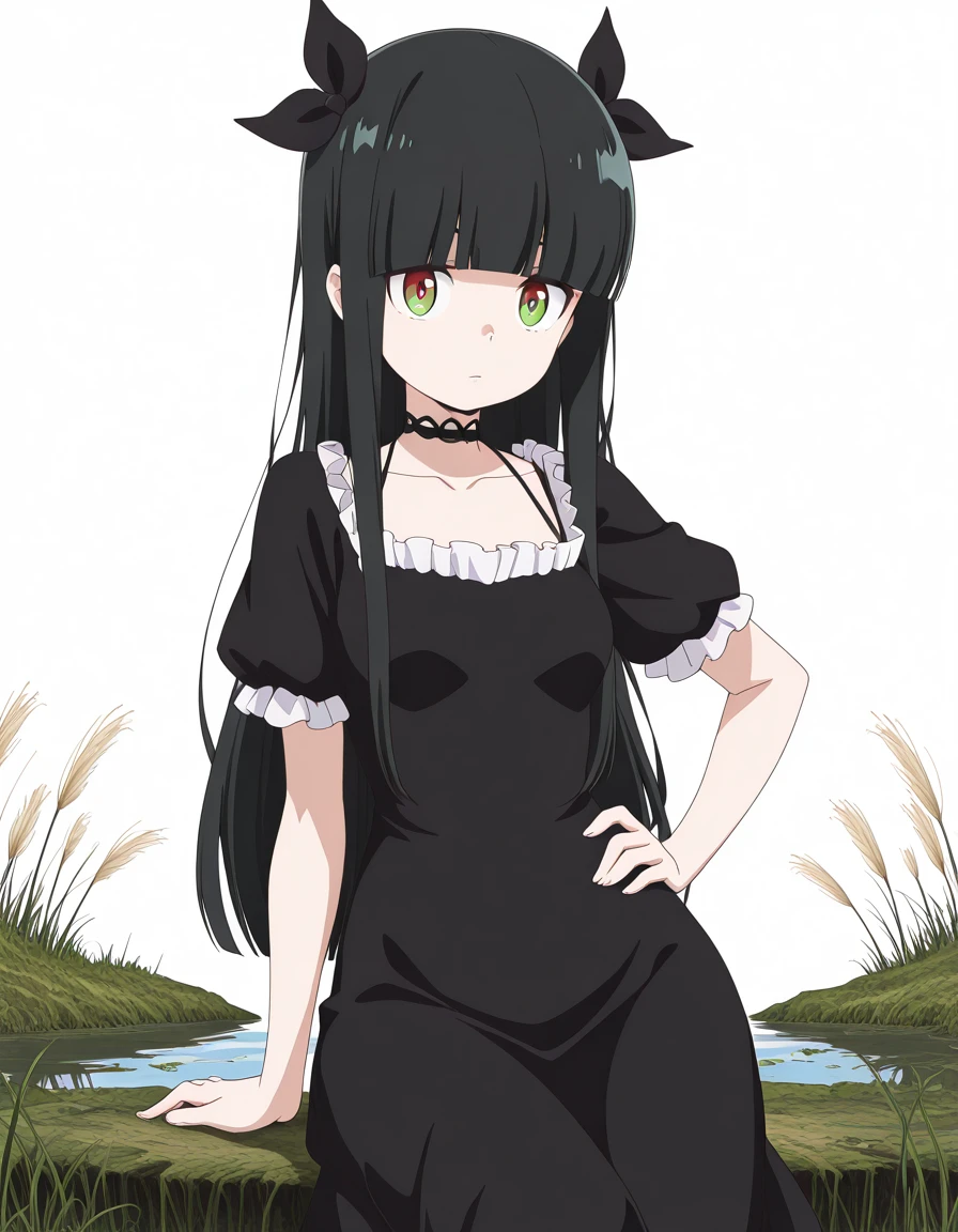 masterpiece, best quality, amazing quality,, <lora:torayo-kurokuma-s1-illustriousxl-lora-nochekaiser:1>, torayo kurokuma, long hair, black hair, red eyes, green eyes, bow, ribbon, sidelocks, hair bow, black bow, blunt bangs, anime screencap, dress, collarbone, frills, choker, black dress, black choker,, <lora:princess-leia-pose-illustriousxl-lora-nochekaiser:1>, princess leia pose, sitting, hand on own hip, on side,, wetland, water, reeds, swamp, wildlife, cowboy shot, solo, looking at viewer, <lora:transparent-background-illustriousxl-lora-nochekaiser:1>, transparent background, simple background, white background