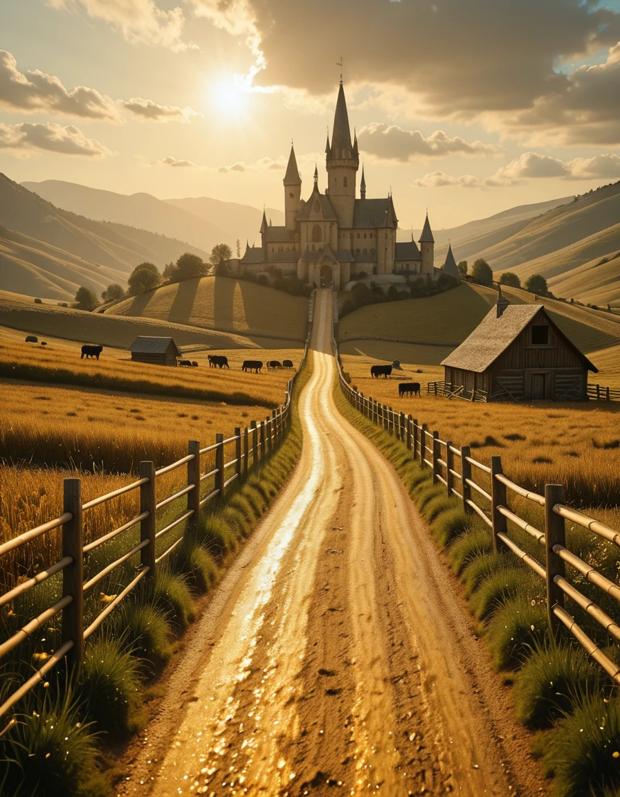 A golden road shimmering under the sunlight, winding gently through peaceful farmland on both sides. The fields are lush and green, dotted with rustic wooden barns, grazing animals, and old stone wells. Crops sway in the breeze, and fences made of weathered wood line the road. In the distance, at the end of the golden path, rises a majestic castle with tall towers and gleaming spires, nestled against rolling hills. The sky is bright and partly cloudy, casting soft shadows on the landscape, creating a dreamlike fairytale atmosphere,
 ultra-detailed, wide-angle view, cinematic lighting, high fantasy setting, 4k resolution, sharp textures, photorealistic style, no humans, enchanted countryside ambiance, golden hues glinting in the light, whimsical and serene mood,golden r04d, <lora:golden_r04d-i:1>, Masterpiece,best quality,hi res,8k,hi res,8k,award winning,(sharp focus, intricate, highly detailed),