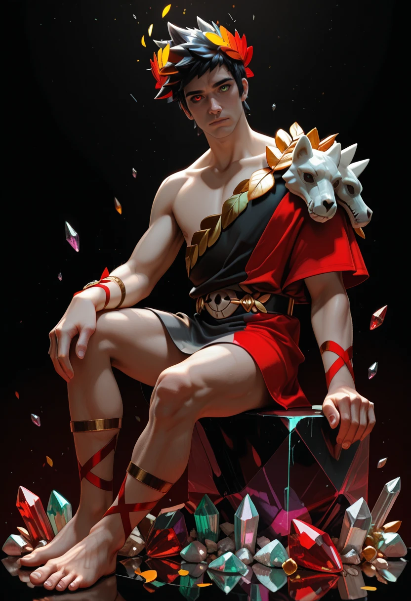 masterpiece, very aesthetic, best quality, absurdres, newest, solo,
<lora:ILHZagreus:1>
HZagreus, 1boy, male focus, short hair, black hair, black sclera, heterochromia, green eyes, red eyes, laurel crown, looking at viewer, male focus, crystal, sitting, black background,full body, gem, diamond (gemstone), shards, jewelry