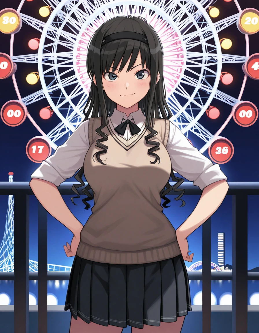 masterpiece, best quality, amazing quality,, <lora:haruka-morishima-illustriousxl-lora-nochekaiser:1>, haruka morishima, morishima haruka, long hair, black hair, hairband, black hairband, mature female, breasts,, sweater vest, collared shirt, brown sweater vest, pleated skirt, black ribbon, black skirt, smug, hands on own hip,, ferris wheel, lights, high, view, rotating, cowboy shot, solo, looking at viewer,