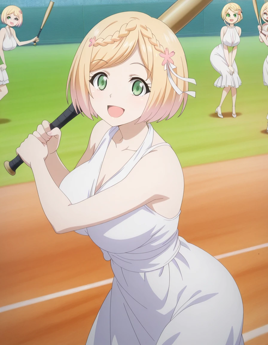 masterpiece, best quality, amazing quality,, <lora:sakura-mochida-s1-illustriousxl-lora-nochekaiser:1>, sakura mochida, short hair, blonde hair, hair ornament, green eyes, pink hair, braid, multicolored hair, hair flower, mature female, breasts, anime screencap, <lora:marilyn-monroe-cosplay-illustriousxl-lora-nochekaiser:1>, marilyn cosplay, dress, white dress, sleeveless, cosplay,, <lora:batting-stance-illustriousxl-lora-nochekaiser:1>, batting stance, looking at viewer, smile, open mouth, baseball bat, holding baseball bat, ,