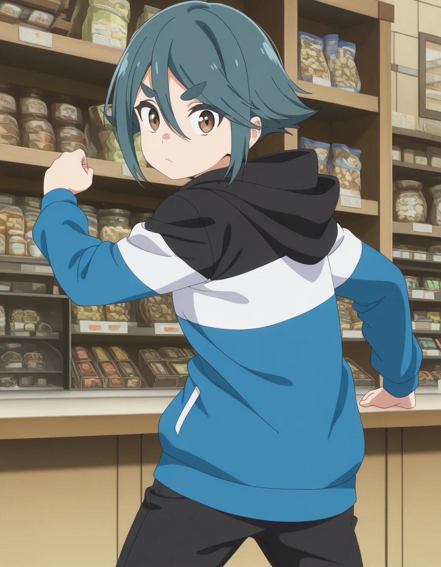 masterpiece, best quality, amazing quality,, <lora:kako-komada-s1-illustriousxl-lora-nochekaiser:1>, kako komada, short hair, hair between eyes, blue hair, green hair, brown eyes, thick eyebrows, anime screencap, long sleeves, jacket, pants, hood, hoodie, black pants, hood down, hooded jacket, multicolored clothes, multicolored jacket, <lora:dynamic-pose-illustriousxl-lora-nochekaiser:1>, dynamic pose, fighting, cowboy shot, shop, items, counter, customer, shelves, cowboy shot, solo, looking at viewer,