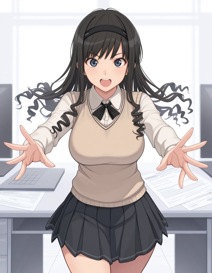 masterpiece, best quality, amazing quality,, <lora:haruka-morishima-illustriousxl-lora-nochekaiser:1>, haruka morishima, morishima haruka, long hair, black hair, hairband, black hairband, mature female, breasts,, sweater vest, collared shirt, brown sweater vest, pleated skirt, black ribbon, black skirt, <lora:dynamic-pose-illustriousxl-lora-nochekaiser:1>, dynamic pose, incoming attack, cowboy shot, office, desks, chairs, computers, paperwork, cowboy shot, solo, looking at viewer,