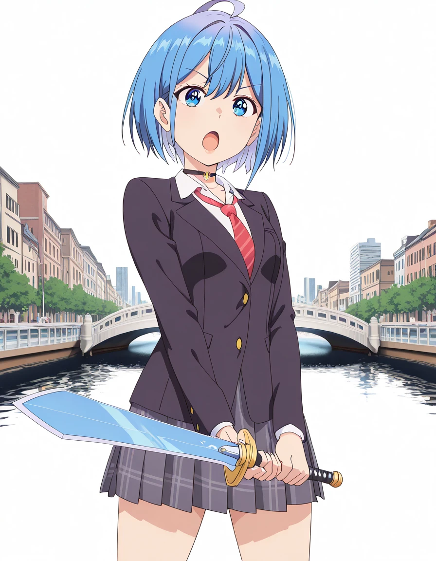 masterpiece, best quality, amazing quality,, <lora:himari-inuzuka-s1-illustriousxl-lora-nochekaiser:1>, himari inuzuka, short hair, blue eyes, blue hair, ahoge, mature female, small breasts, anime screencap, shirt, skirt, long sleeves, jacket, white shirt, pleated skirt, necktie, collared shirt, choker, black jacket, plaid, black choker, plaid skirt, blazer, red necktie, grey skirt, <lora:sunrise-stance-illustriousxl-lora-nochekaiser:1>, sunrise stance, weapon, sword, solo, open mouth, holding weapon, holding, holding sword,, canal, water, boats, city, narrow, cowboy shot, solo, looking at viewer, <lora:transparent-background-illustriousxl-lora-nochekaiser:1>, transparent background, simple background, white background