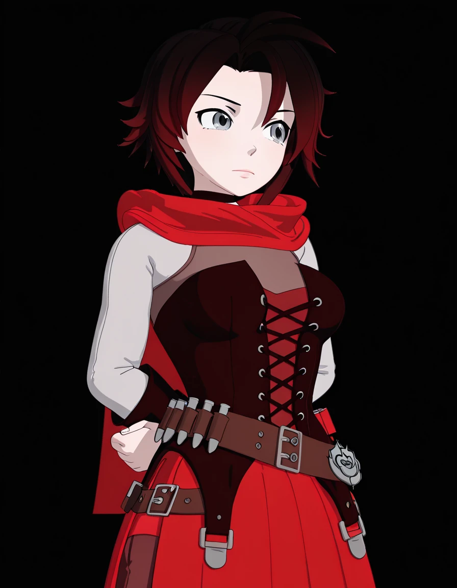 masterpiece, best quality, amazing quality,, <lora:ruby-rose-vol7-illustriousxl-lora-nochekaiser:1>, ruby rose, short hair, black hair, multicolored hair, red hair, grey eyes, black eyes, gradient hair, mature female, medium breasts, 3d, <lora:kung-fu-illustriousxl-lora-nochekaiser:1>, kung fu, martial arts, training, fighting stance, cowboy shot, hands behind back, , <lora:transparent-background-illustriousxl-lora-nochekaiser:1>, transparent background, simple background, white background