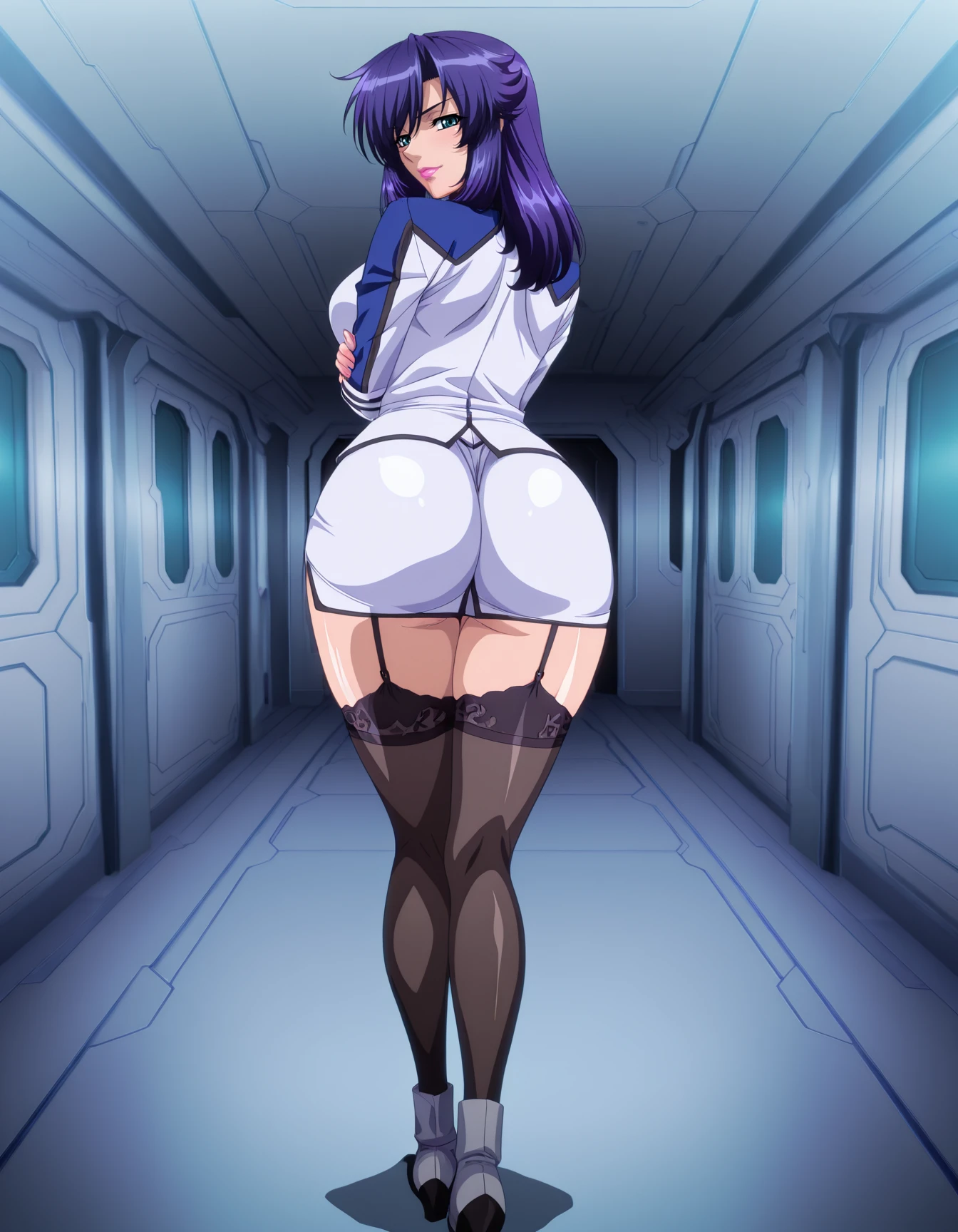 Highest quality, High resolution, nsfw, lying on one’s back, from side,(focus on hips),(from below:2),((One Woman性だけが写っている画像)),unity 8k wallpaper, (figure:0.8), (Beautiful attention to detail:1.6), Highly detailed face, Perfect lighting, Highly detailed CG, (Perfect hands, Perfect Anatomy),(One Woman),(5 fingers),(Glowering look),Taimanin, Hachizu Purple, (Red eyes),Slanted Eyes, Blue Hair, White skin, Muscular woman, Long hair down to the waist,break shirt, bow, bowtie, red bow, Taimaninスーツ, break indoGolds, break (masterpiece:1.2),((There is nothing)),Two hands,reaching,The pants are white,((back pose:1.3) Gold (back view:1.3)),(big hips)