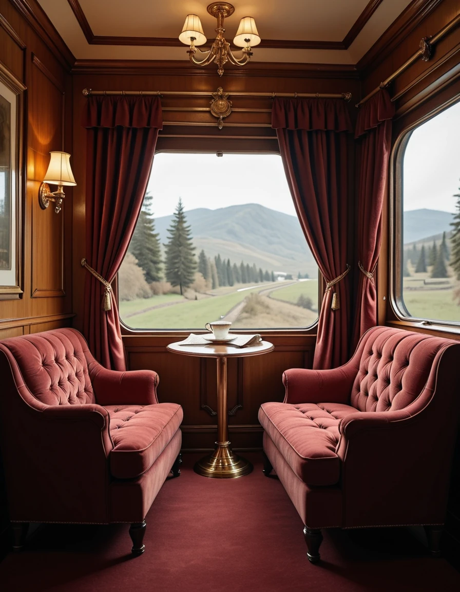 A luxurious private cabin inside the historic Orient Express train. The interior is adorned with rich mahogany wood paneling, deep burgundy velvet drapes, and ornate brass light fixtures that emit a warm, golden glow. A pair of plush upholstered seats face each other beside a small polished table, which holds a porcelain teacup and a folded newspaper. The large window frames a motion-blurred European landscape, giving a sense of movement and timeless travel. The atmosphere is elegant, quiet, and cinematicâevoking 1930s sophistication and vintage luxury. No luggage, no people, ultra-detailed, high resolution, soft ambient lighting, realistic textures, sharp focus, concept art style, interior shot only
,luxurious private c4b1n, <lora:luxurious_private_c4b1n-i:1>, Masterpiece,best quality,hi res,8k,hi res,8k,award winning,(sharp focus, intricate, highly detailed),