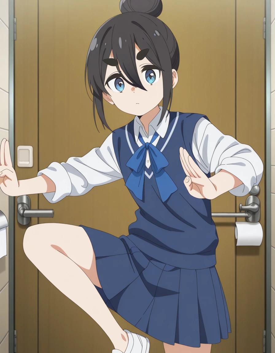 masterpiece, best quality, amazing quality,, <lora:satsuki-amamiya-s1-illustriousxl-lora-nochekaiser:1>, satsuki amamiya, short hair, blue eyes, black hair, hair between eyes, hair bun, thick eyebrows, single hair bun, anime screencap, shirt, ribbon, white shirt, collared shirt, vest, blue skirt, pleated skirt, blue vest, white shirt, collared shirt, <lora:kung-fu-illustriousxl-lora-nochekaiser:1>, kung fu, martial arts, training, fighting stance, cowboy shot, leg up, toilet stall, privacy, tiles, toilet_paper, door, cowboy shot, solo, looking at viewer,