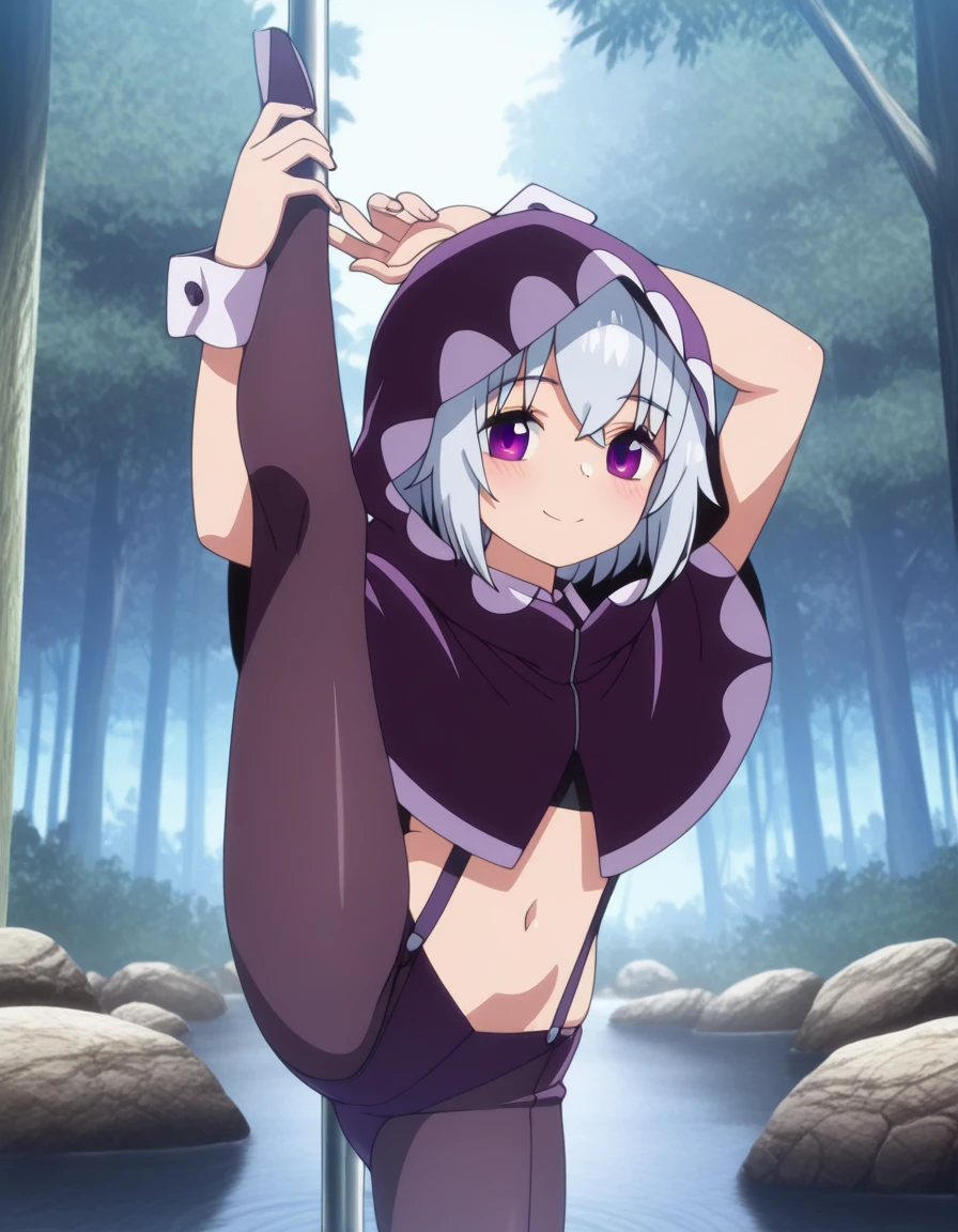 masterpiece, best quality, amazing quality,, <lora:tisse-garland-s1-illustriousxl-lora-nochekaiser:1>, tisse garland, short hair, bangs, purple eyes, grey hair, anime screencap, navel, midriff, hood, crop top, capelet, suspenders, cloak, hood up, hooded cloak,, <lora:pole-dancing-standing-split-illustriousxl-lora-nochekaiser:1>, pole dancing, standing split, leg up, standing, split, standing on one leg, pole, stripper pole, holding pole, arms up, blush, smile, playboy bunny, bunny ears, leotard, wrist cuffs, detached collar, highleg leotard, pantyhose, stream, water, rocks, flow, forest, cowboy shot, solo, looking at viewer,