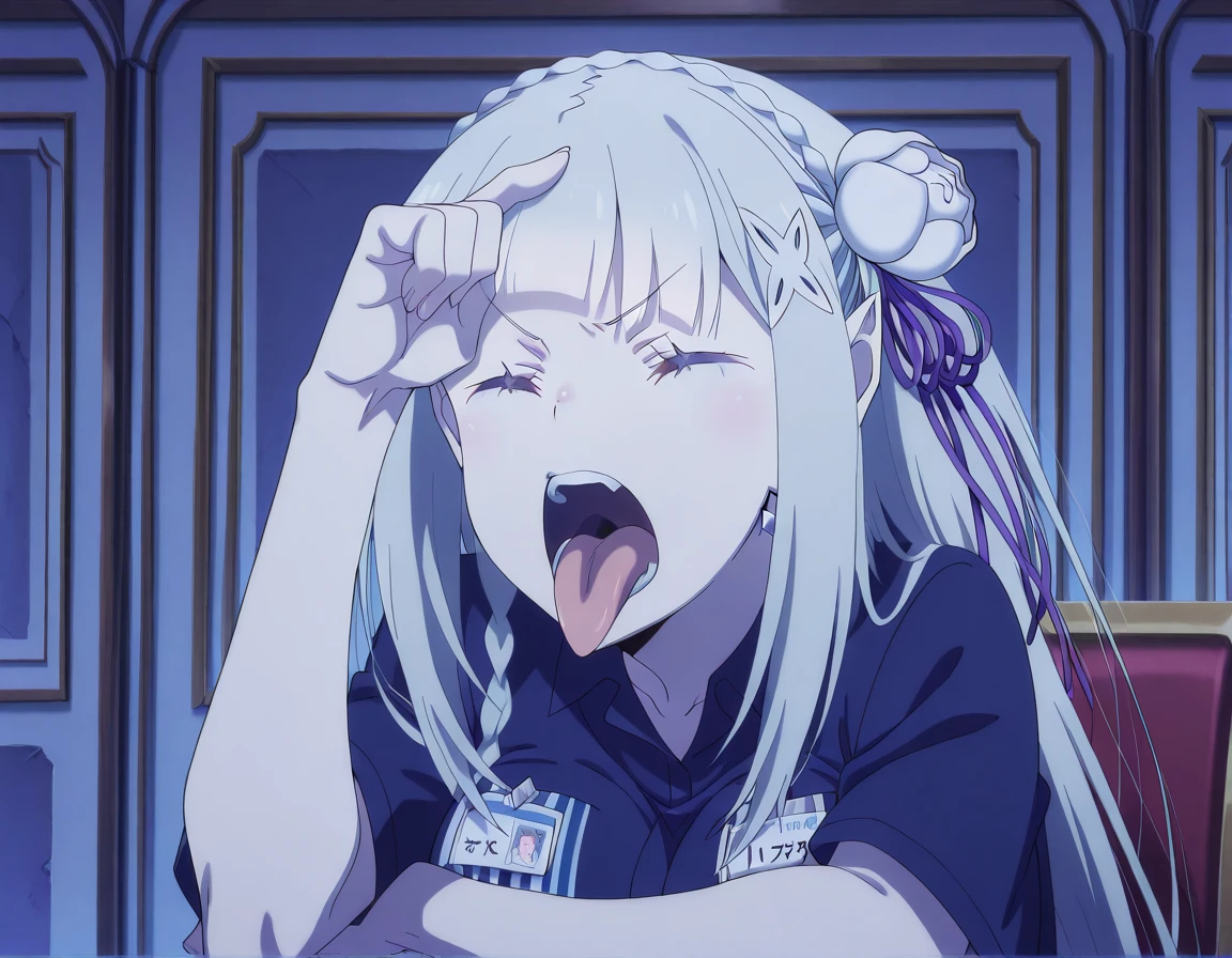 masterpiece, best quality, amazing quality,, <lora:rezero-emilia-s3-p2-illustriousxl-lora-nochekaiser:1>, emilia, emilia (re:zero), braid, crown braid, flower, hair flower, hair ornament, hair ribbon, long hair, pointy ears, white hair, x hair ornament, mature female, breasts, anime screencap, <lora:alden-richards-tongue-out-meme-illustriousxl-lora-nochekaiser:1>, alden richards tongue out meme, solo, open mouth, shirt, sitting, upper body, short sleeves, teeth, collared shirt, tongue, indoors, tongue out, uniform, blue shirt, parody, meme, name tag, employee uniform, closed eyes, hand up, index finger raised, hand on own forehead, arm rest, looking at viewer,, , ,