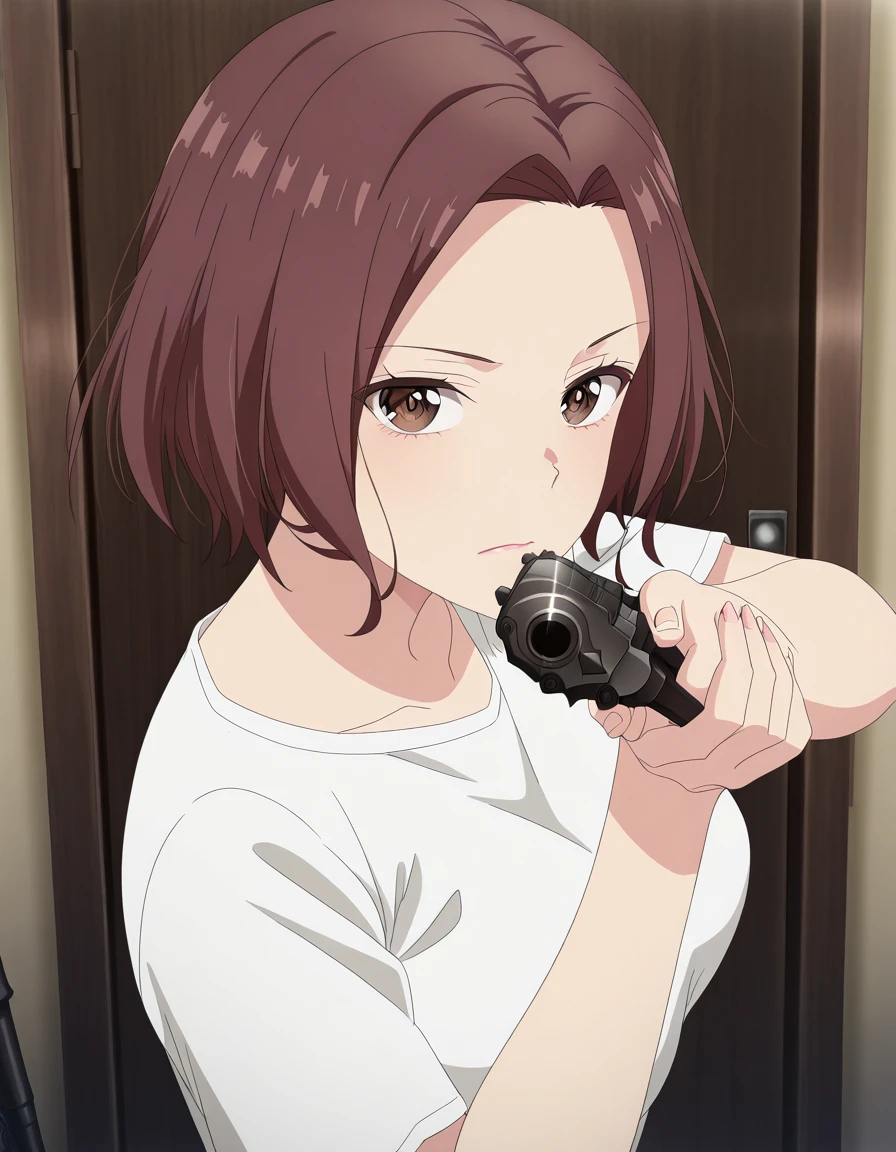 masterpiece, best quality, amazing quality,, <lora:sakura-natsume-s1-illustriousxl-lora-nochekaiser:1>, sakura natsume, short hair, brown hair, brown eyes, mature female, medium breasts, anime screencap, <lora:center-axis-relock-stance-illustriousxl-lora-nochekaiser:1>, center axis relock stance, looking at viewer, holding, closed mouth, weapon, holding weapon, gun, holding gun, handgun, aiming, finger on trigger, aiming at viewer, m1911,, ,
