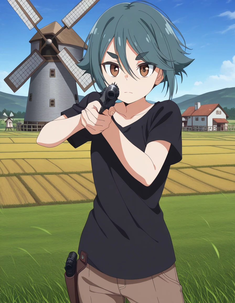 masterpiece, best quality, amazing quality,, <lora:kako-komada-s1-illustriousxl-lora-nochekaiser:1>, kako komada, short hair, hair between eyes, blue hair, green hair, brown eyes, thick eyebrows, anime screencap, shirt, collarbone, short sleeves, pants, black shirt, t-shirt, brown pants, <lora:center-axis-relock-stance-illustriousxl-lora-nochekaiser:1>, center axis relock stance, looking at viewer, holding, closed mouth, weapon, holding weapon, gun, holding gun, handgun, aiming, finger on trigger, aiming at viewer, m1911,, windmill, blades, farm, wind, traditional, cowboy shot, solo, looking at viewer,