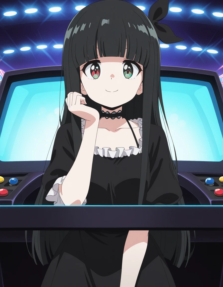 masterpiece, best quality, amazing quality,, <lora:torayo-kurokuma-s1-illustriousxl-lora-nochekaiser:1>, torayo kurokuma, long hair, black hair, red eyes, green eyes, bow, ribbon, sidelocks, hair bow, black bow, blunt bangs, anime screencap, dress, collarbone, frills, choker, black dress, black choker,, head rest, smile,, arcade, games, lights, fun, retro, cowboy shot, solo, looking at viewer,