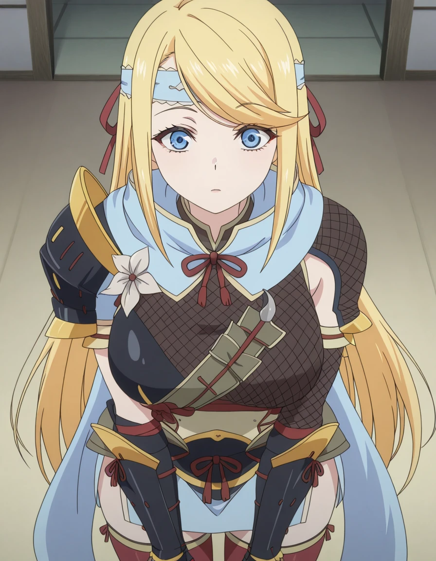 masterpiece, best quality, amazing quality,, <lora:yanderedarkelf-cecile-s1-illustriousxl-lora-nochekaiser:1>, yanderedarkelf cecile, long hair, blue eyes, blonde hair, very long hair, swept bangs, mature female, breasts, anime screencap, <lora:kamura-armor-illustriousxl-lora-nochekaiser:1>, kamura armor, armor, blue scarf, clawed gauntlets, gauntlets, hair ornament, hair ribbon, headband, kamura (armor), red ribbon, red thighhighs, ribbon, scarf, shoulder armor, thighhighs,, leaning forward,, ,