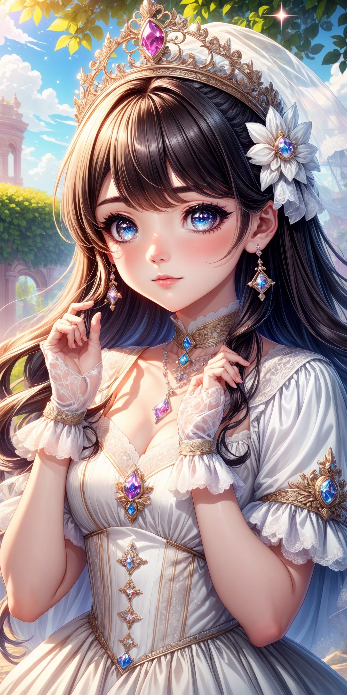 1girl, blushing, full face blushing, princesscore, parasol, handheld fan, dress, gown, (intricate ornate ballgown), wedding gown, flowy dress, tunic, long robe, corset, shawl, lace, lace trim, ruffles, frills, embroidery, tiara, crown, jewelry, earrings, necklace, bangles, ring, gloves, sparkles, glitter, <lora:more_details:0.7>, <lora:scene_:0.5>, <lora:FashionComplexityEnhancerLORAv1:0.4>, <lora:3762801c-b16c-46c6-afd6-3ff9ae81c475:0.6>, <lora:f7d08feb-f21d-42d0-9ef1-a9481867524d:0.3>, <lora:96073874-f082-4683-942e-601cecac5c40:0.3>, <lora:5844635f-c9c3-4f9e-85c4-d0d40f201159:0.3>, <lora:dde4416e-9f24-48d4-a965-d989baea5d73:0.2>, ,