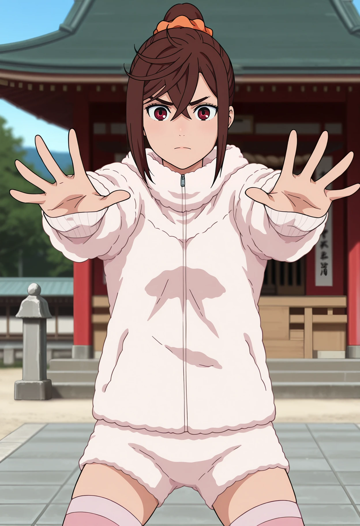 anime screencap, masterpiece, best quality,
<lora:Dandadan_AyaseMomo_IlluXL:0.9>,
1girl, solo, closed mouth,
short ponytail, sidelocks, hair between eyes, medium hair, brown hair, red eyes, hair scrunchie, orange scrunchie,
MomoFurJacket, fur jacket, white jacket, sleeves past wrists, fur shorts, short shorts, white short, pink thighhighs, 
hands up, open hands, outstretched arms, spread legs, standing, looking at viewer, cowboy shot,
outdoors, east asian architecture, day, shrine, photo background, blurry background