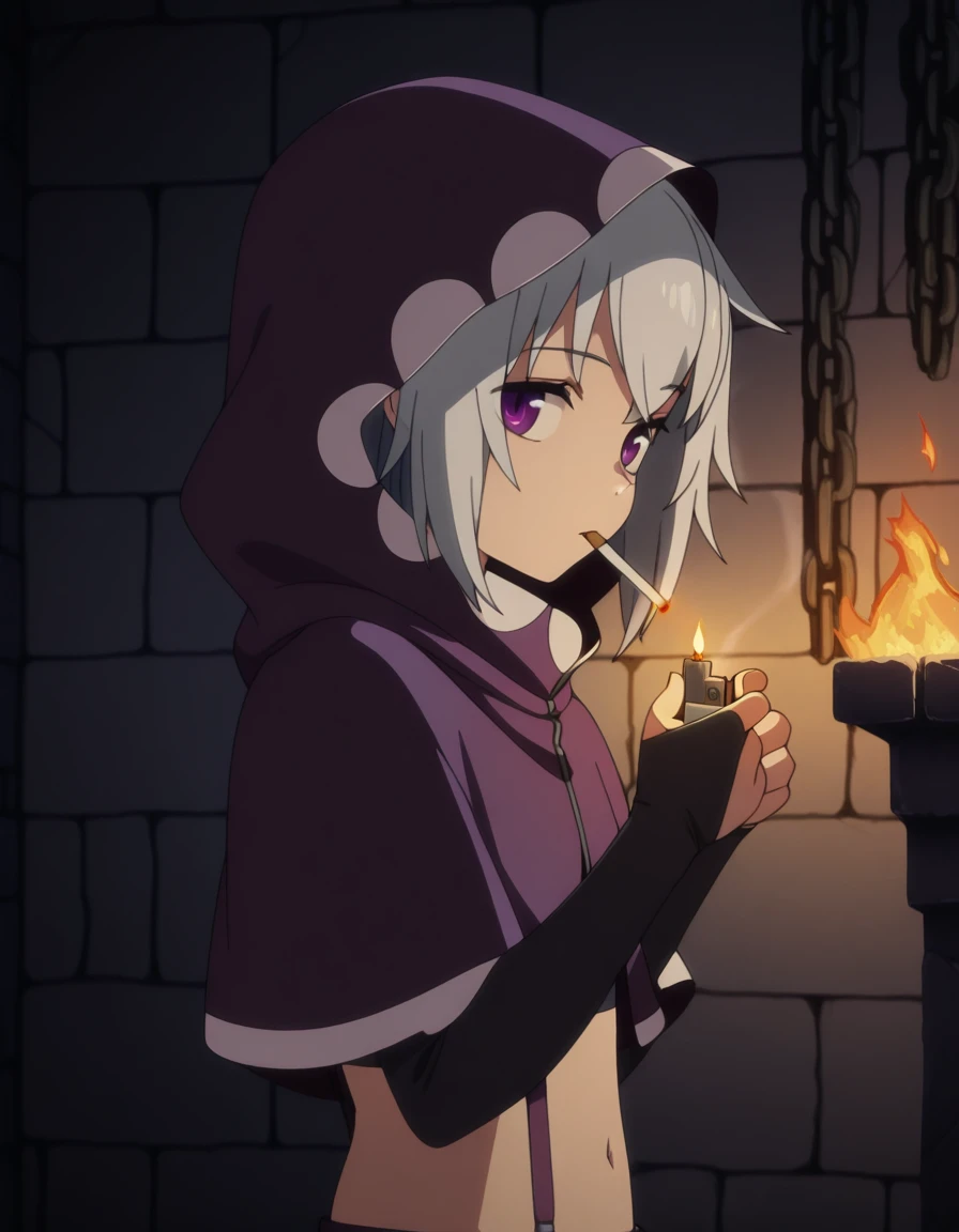 masterpiece, best quality, amazing quality,, <lora:tisse-garland-s1-illustriousxl-lora-nochekaiser:1>, tisse garland, short hair, bangs, purple eyes, grey hair, anime screencap, navel, midriff, hood, crop top, capelet, suspenders, cloak, hood up, hooded cloak,, <lora:lighting-cigarette-illustriousxl-lora-nochekaiser:1>, lighting cigarette, lighter, holding lighter, cigarette, smoking, fire, smoke, holding, upper body, from side,, dungeon, stone_walls, chains, torches, dark, cowboy shot, solo, looking at viewer,