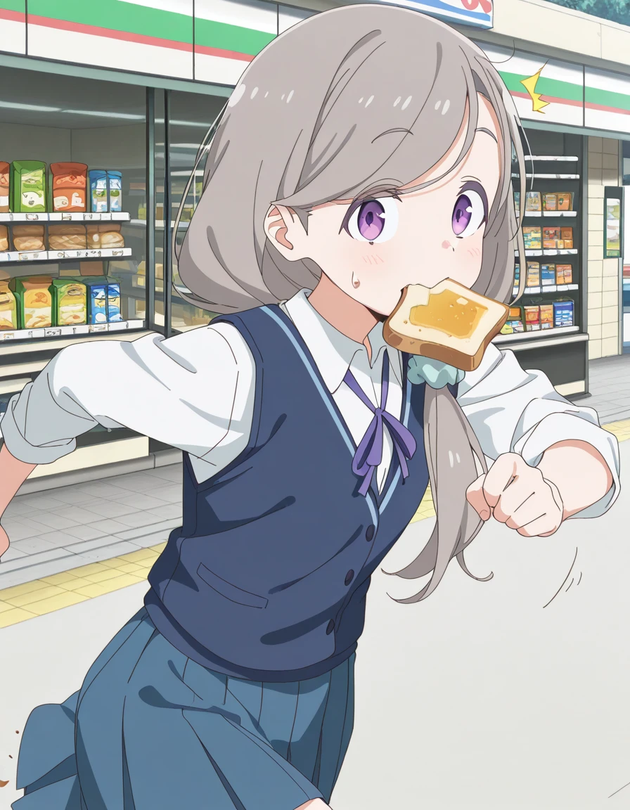 masterpiece, best quality, amazing quality,, <lora:sakurako-shikishima-s1-illustriousxl-lora-nochekaiser:1>, sakurako shikishima, long hair, hair ornament, purple eyes, grey hair, swept bangs, scrunchie, hair over shoulder, hair scrunchie, anime screencap, shirt, ribbon, white shirt, collared shirt, vest, blue skirt, pleated skirt, blue vest, white shirt, collared shirt, <lora:food-in-mouth-running-illustriousxl-lora-nochekaiser:1>, food in mouth running, food in mouth, running, bread, bread slice, food, toast in mouth, toast, sweatdrop, motion lines, motion blur, outdoors, from side, convenience store, snacks, shelves, counter, quick, cowboy shot, solo, looking at viewer,