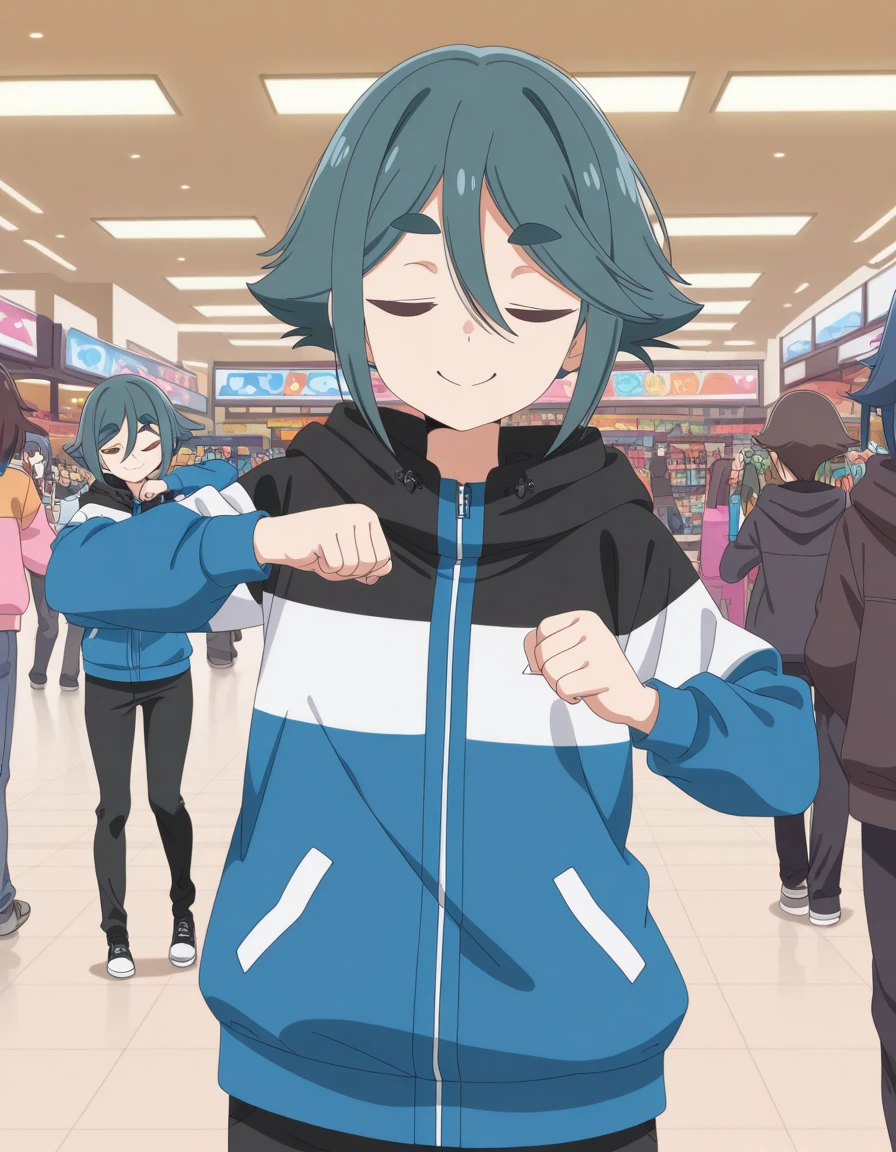 masterpiece, best quality, amazing quality,, <lora:kako-komada-s1-illustriousxl-lora-nochekaiser:1>, kako komada, short hair, hair between eyes, blue hair, green hair, brown eyes, thick eyebrows, anime screencap, long sleeves, jacket, pants, hood, hoodie, black pants, hood down, hooded jacket, multicolored clothes, multicolored jacket, <lora:shikairo-days-dance-illustriousxl-lora-nochekaiser:1>, shikairo days dance, shikairo days dance (meme), dancing, meme, closed eyes, clenched hands, glowsticks, smile, cowboy shot, mall, shops, people, shopping, big, cowboy shot, solo, looking at viewer,