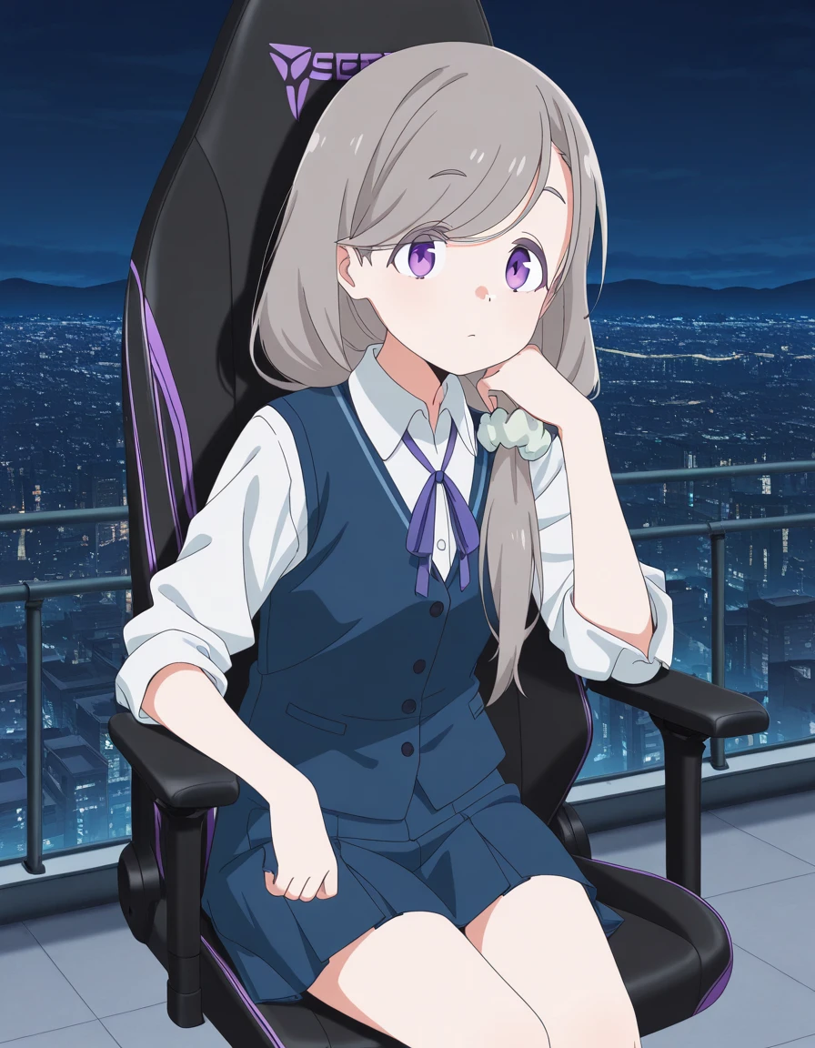 masterpiece, best quality, amazing quality,, <lora:sakurako-shikishima-s1-illustriousxl-lora-nochekaiser:1>, sakurako shikishima, long hair, hair ornament, purple eyes, grey hair, swept bangs, scrunchie, hair over shoulder, hair scrunchie, anime screencap, shirt, ribbon, white shirt, collared shirt, vest, blue skirt, pleated skirt, blue vest, white shirt, collared shirt, <lora:secretlab-chair-illustriousxl-lora-nochekaiser:1>, secretlab chair, chair, office chair, gaming chair, sitting, feet out of frame, elbow rest, city skyline, rooftop view, night time, city lights, quiet reflection, cowboy shot, solo, looking at viewer,
