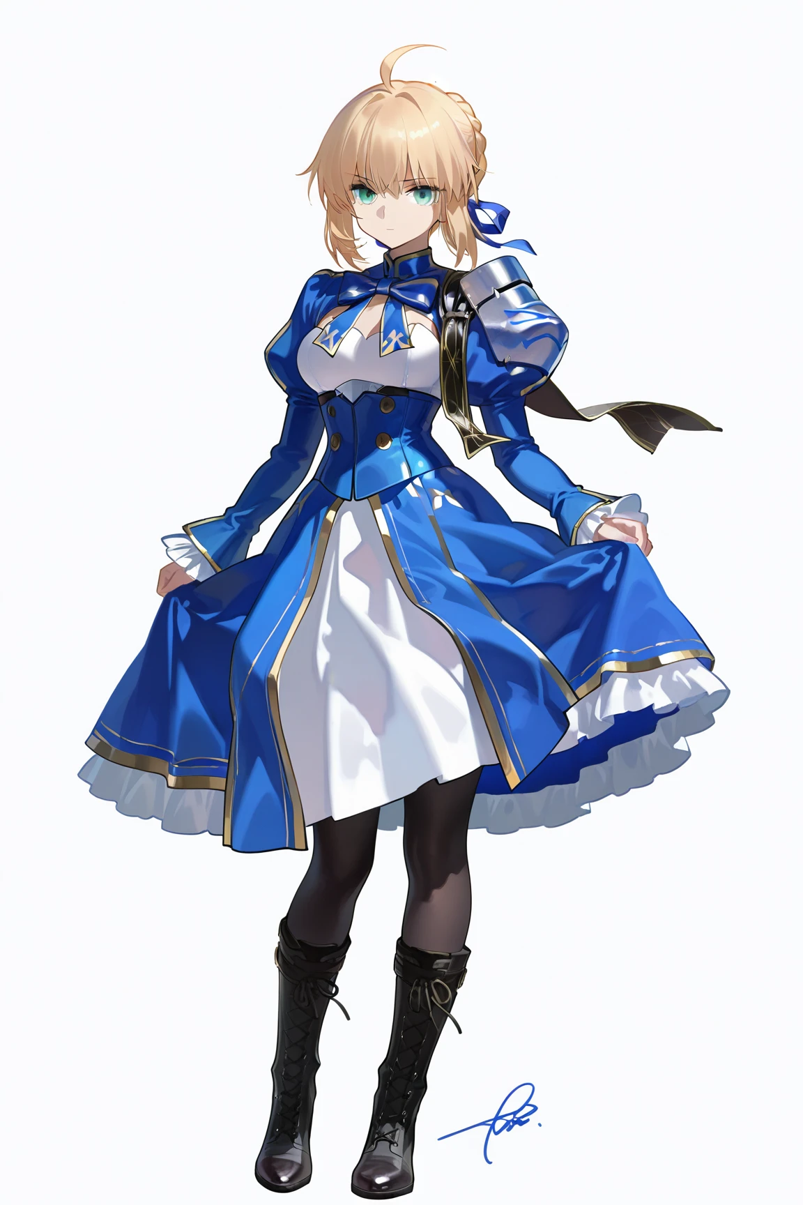 <lora:c_saber (honkai star rail) (fate)_ilv1.0_xl:0.9>saber \(honkai star rail\) \(fate\), green eyes, 1girl, solo, ahoge, boots, pantyhose, dress, white background, ribbon, long sleeves, full body, juliet sleeves, black footwear, hair ribbon, signature, braid, looking at viewer, puffy sleeves, cross-laced footwear, simple background, blue dress, alternate costume, blue ribbon, armor, , black pantyhose, standing, sidelocks, lace-up boots, knee boots, (masterpiece, best quality, very aesthetic),absurdres,aesthetic,detailed,beautiful color,, masterpiece,best quality,