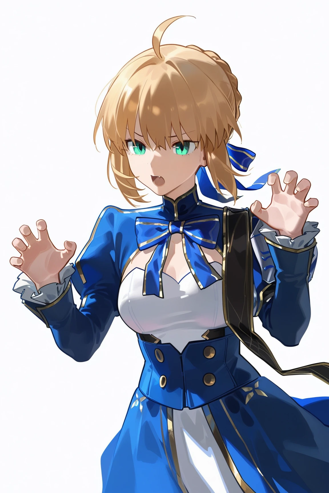 <lora:c_saber (honkai star rail) (fate)_ilv1.0_xl:1>saber \(honkai star rail\) \(fate\), 1girl,, cowboy shot,white background,simple background,claw pose,