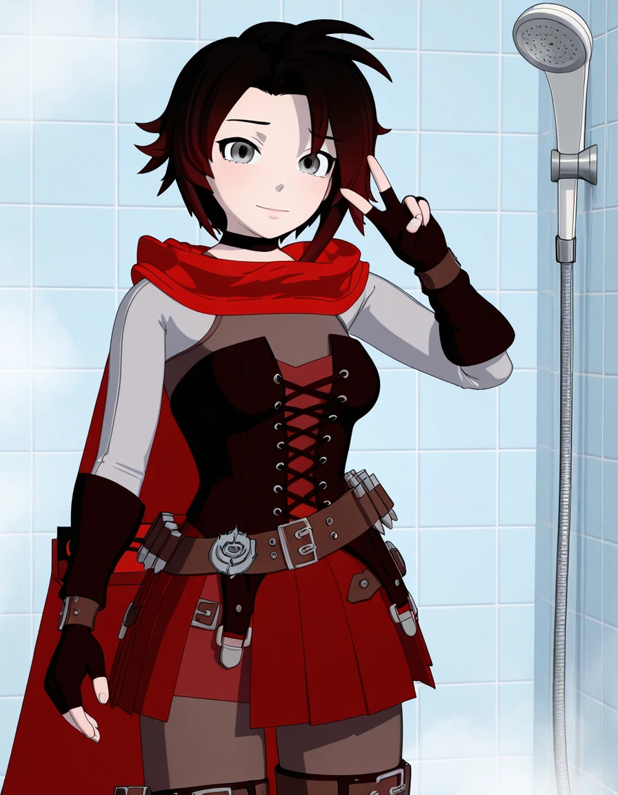 masterpiece, best quality, amazing quality,, <lora:ruby-rose-vol7-illustriousxl-lora-nochekaiser:1>, ruby rose, short hair, black hair, multicolored hair, red hair, grey eyes, black eyes, gradient hair, mature female, medium breasts, 3d, skirt, gloves, thighhighs, pantyhose, black gloves, choker, belt, fingerless gloves, cape, red skirt, corset, red cape, bandolier,, v, v over eyes,, shower, water, steam, shower_head, tiles, cowboy shot, solo, looking at viewer,