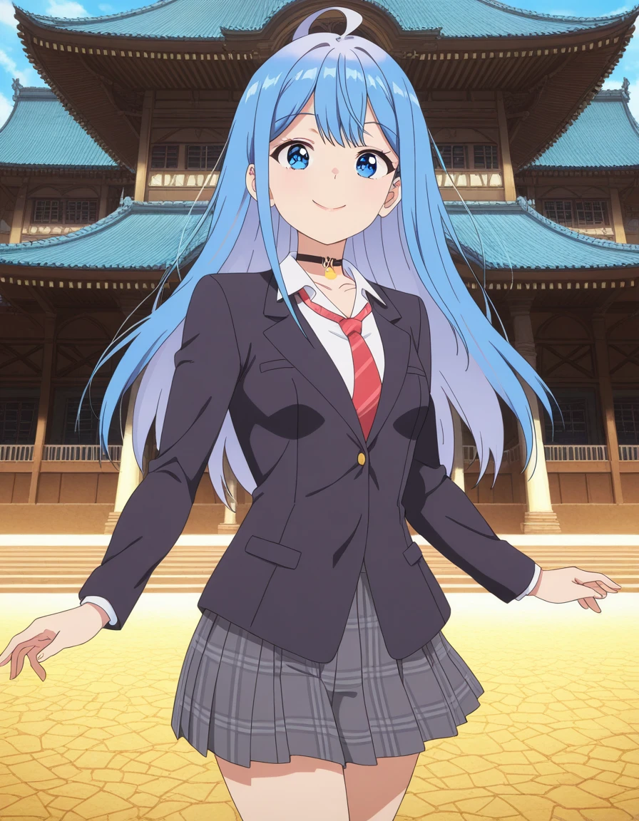 masterpiece, best quality, amazing quality,, <lora:himari-inuzuka-s1-illustriousxl-lora-nochekaiser:1>, himari inuzuka, long hair, blue eyes, blue hair, ahoge, mature female, small breasts, anime screencap, shirt, skirt, long sleeves, jacket, white shirt, pleated skirt, necktie, collared shirt, choker, black jacket, plaid, black choker, plaid skirt, blazer, red necktie, grey skirt, smile, Man-made, architecture, structures, civilization, urban, cowboy shot, solo, looking at viewer,