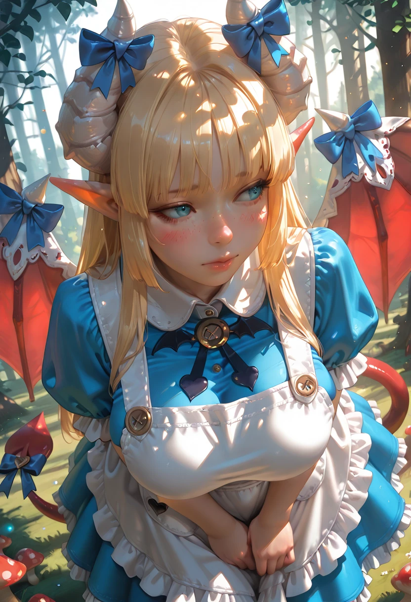 masterpiece, high quality, best quality, highres, 8k, 1girl, solo, alicemge, pointy ears, blonde hair, white horns, horn bow, tail bow, demon tail, sharp tail, red tail, wing bow, frills, tail, blue eyes, long hair, innocent, blush demon tail, tail ornament, bangs, demon wings, blush, demon girl, blue dress, looking away, ribbon, bow, tail ribbon, apron, demon horns, detailed background, wonderland,  heart, spade (shape), hair bow, large breasts, bat bowtie, bangs, sidelocks,  hand, blue nails,
 freckles,  face focus, blush stickers, depth of field, trees, particles, mushrooms, rainbow, succubus,  close-up, enchanted, dynamic angle, foreshortening, perspective,freckles, dramatic lighting,
realistic, cinematic, dramatic lighting, newest, absurdres, highres, very aesthetic, high resolution, ultra high definition, extremely high detail, perfect composition, realistic, detailed drawing, subsurface scattering, neorealist, 
<lora:Dramatic Lighting Slider:3>, <lora:StS-Illustrious-Detail-Slider-v1.0:1> <lora:ponyv4_noob1_2_adamW:0.5> <lora:NeoRealist-000004:0.8>,  <lora:Alice-000007:1>