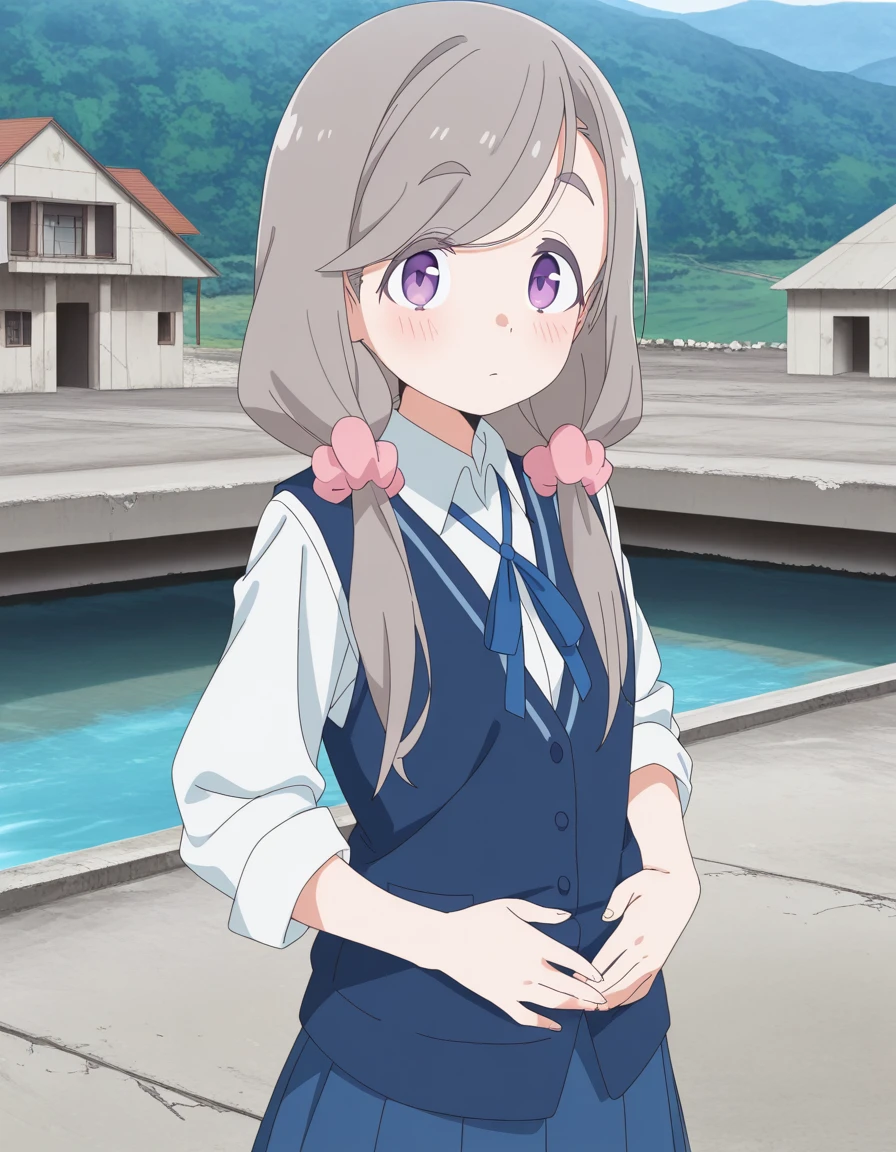 masterpiece, best quality, amazing quality,, <lora:sakurako-shikishima-s1-illustriousxl-lora-nochekaiser:1>, sakurako shikishima, long hair, hair ornament, twintails, purple eyes, swept bangs, grey hair, low twintails, thick eyebrows, scrunchie, hair scrunchie, pink scrunchie, anime screencap, shirt, ribbon, white shirt, collared shirt, vest, blue skirt, pleated skirt, blue vest, white shirt, collared shirt, hands on stomach, blush,, dam, water, concrete, structure, height, cowboy shot, solo, looking at viewer,