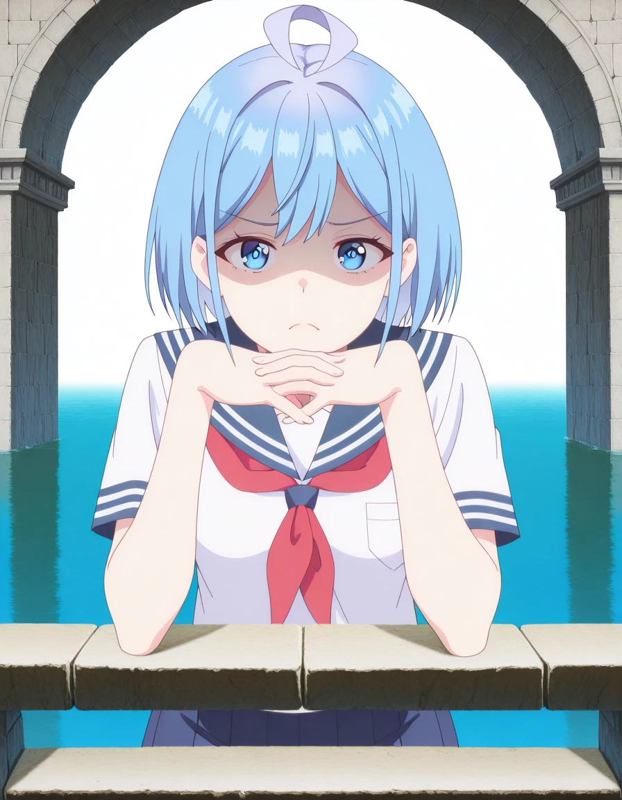 masterpiece, best quality, amazing quality,, <lora:himari-inuzuka-s1-illustriousxl-lora-nochekaiser:1>, himari inuzuka, short hair, blue eyes, blue hair, ahoge, mature female, small breasts, anime screencap, shirt, skirt, white shirt, short sleeves, pleated skirt, serafuku, sailor collar, blue skirt, neckerchief, blue sailor collar, red neckerchief, <lora:gendou-pose-illustriousxl-lora-nochekaiser:1>, gendou pose, own hands clasped, own hands together, parody, shaded face, looking at viewer, frown, elbow rest,, aqueduct, water, stone, arches, ancient, cowboy shot, solo, looking at viewer, <lora:transparent-background-illustriousxl-lora-nochekaiser:1>, transparent background, simple background, white background