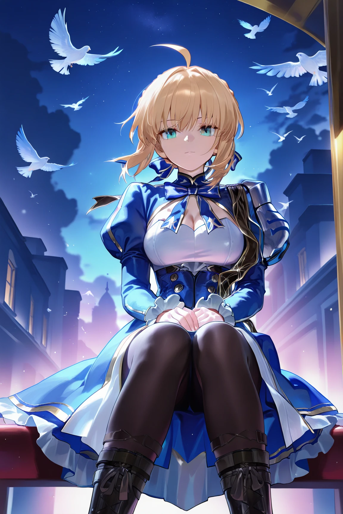 <lora:c_saber (honkai star rail) (fate)_ilv1.0_xl:1>saber \(honkai star rail\) \(fate\), 1girl, ahoge, solo, bird, sitting, , cleavage, pantyhose, looking at viewer, long sleeves, boots, dress, juliet sleeves, braid, ribbon, puffy sleeves, night, sky, outdoors, , closed mouth, masterpiece,best quality,